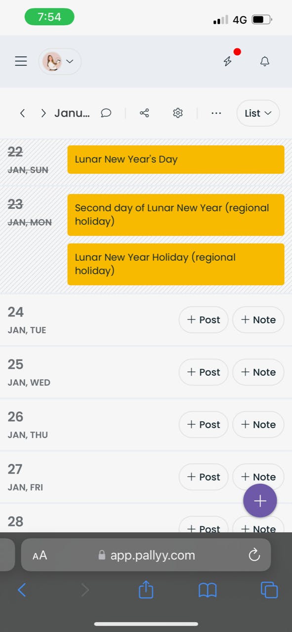 Pallyy content calendar (mobile version)