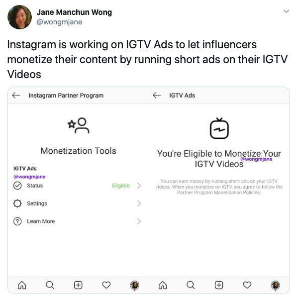 A screenshot of the Instagram app showing the monetization tools