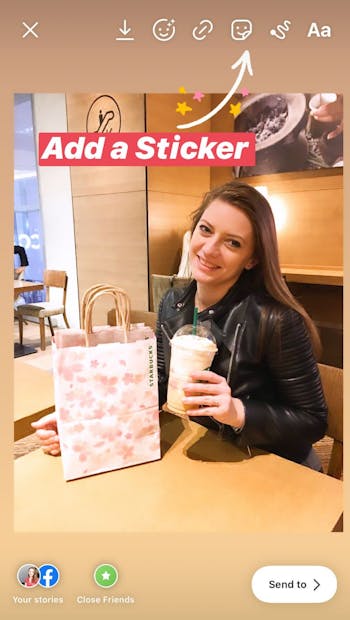 Add stickers to your Instagram story by clicking the smiley face icon at the top right