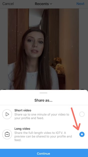 Select the long video option to post a IGTV