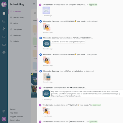 Team collaboration activity list in Pallyys dashboard with comments from team members.
