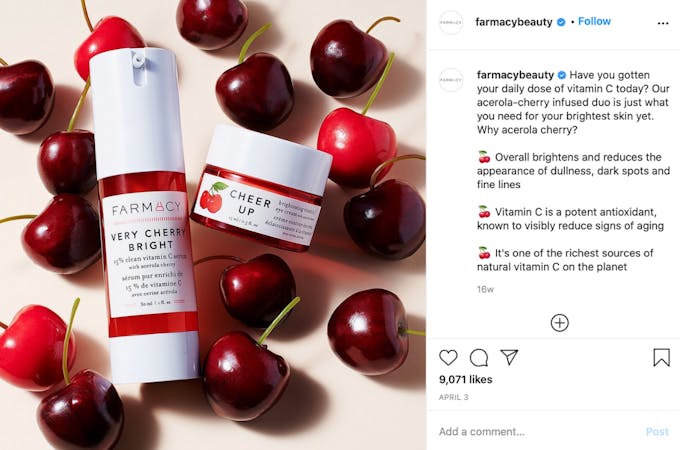 A screenshot of farmacybeauty talking about their products ingredients in their caption.