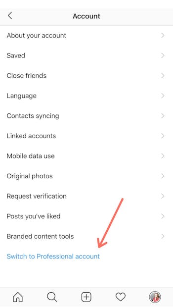 Click switch to professional account at the bottom of the settings page