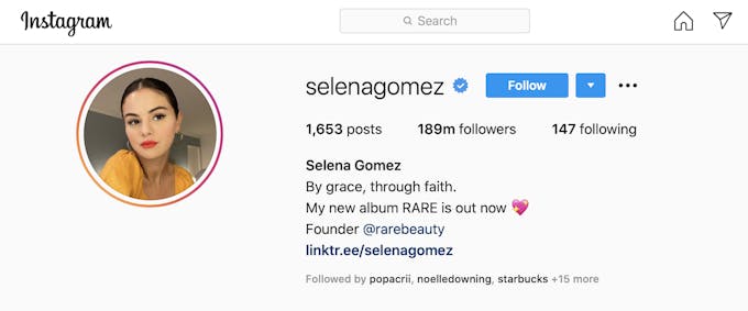 Screenshot of selena gomez Instagram account with verified badge.
