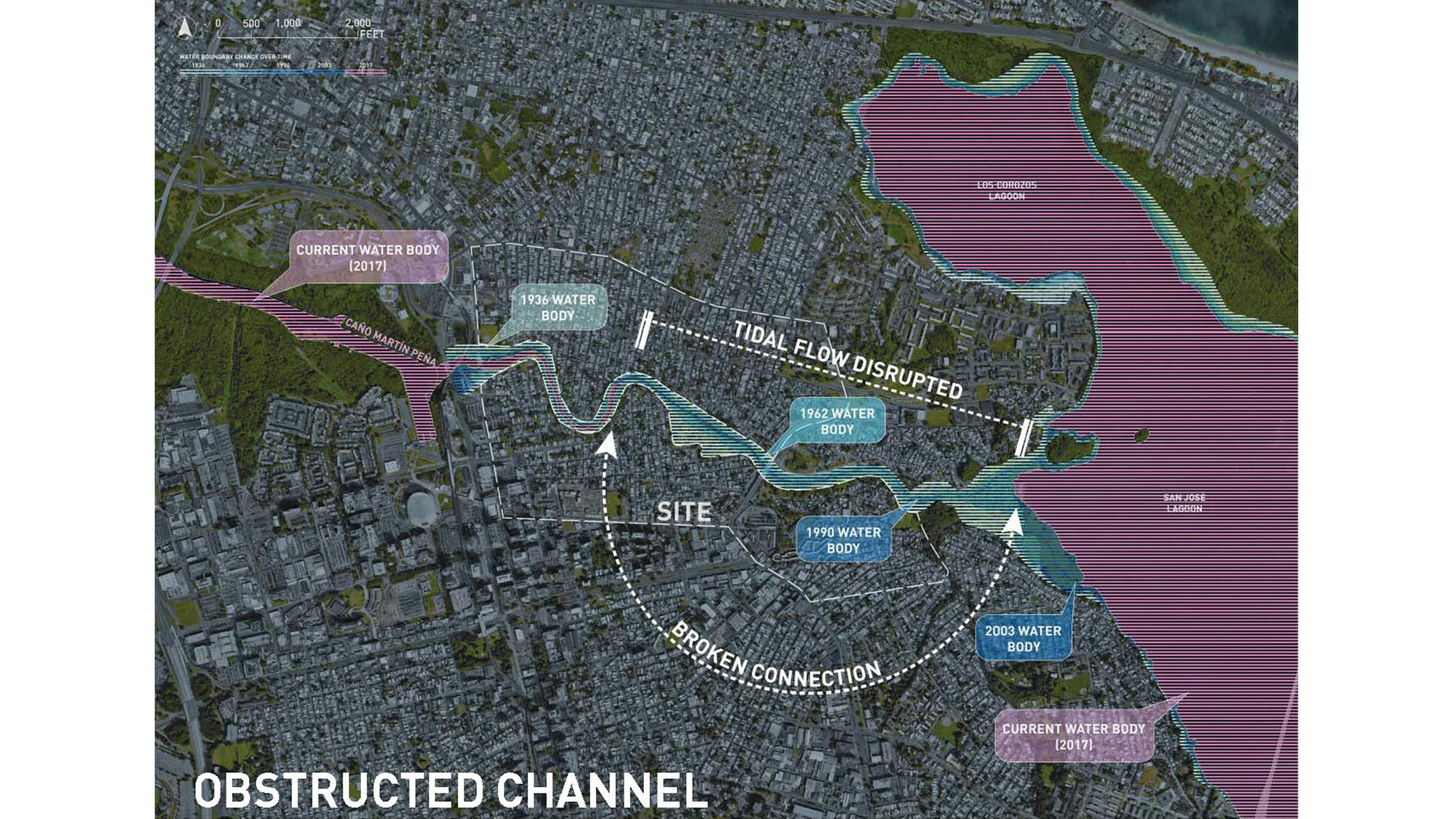 Plan zooms in to site and illustrates a broken connection between Caño Martín Peña and Los Corozos and San Jose Lagoon, disrupting natural tidal flow.