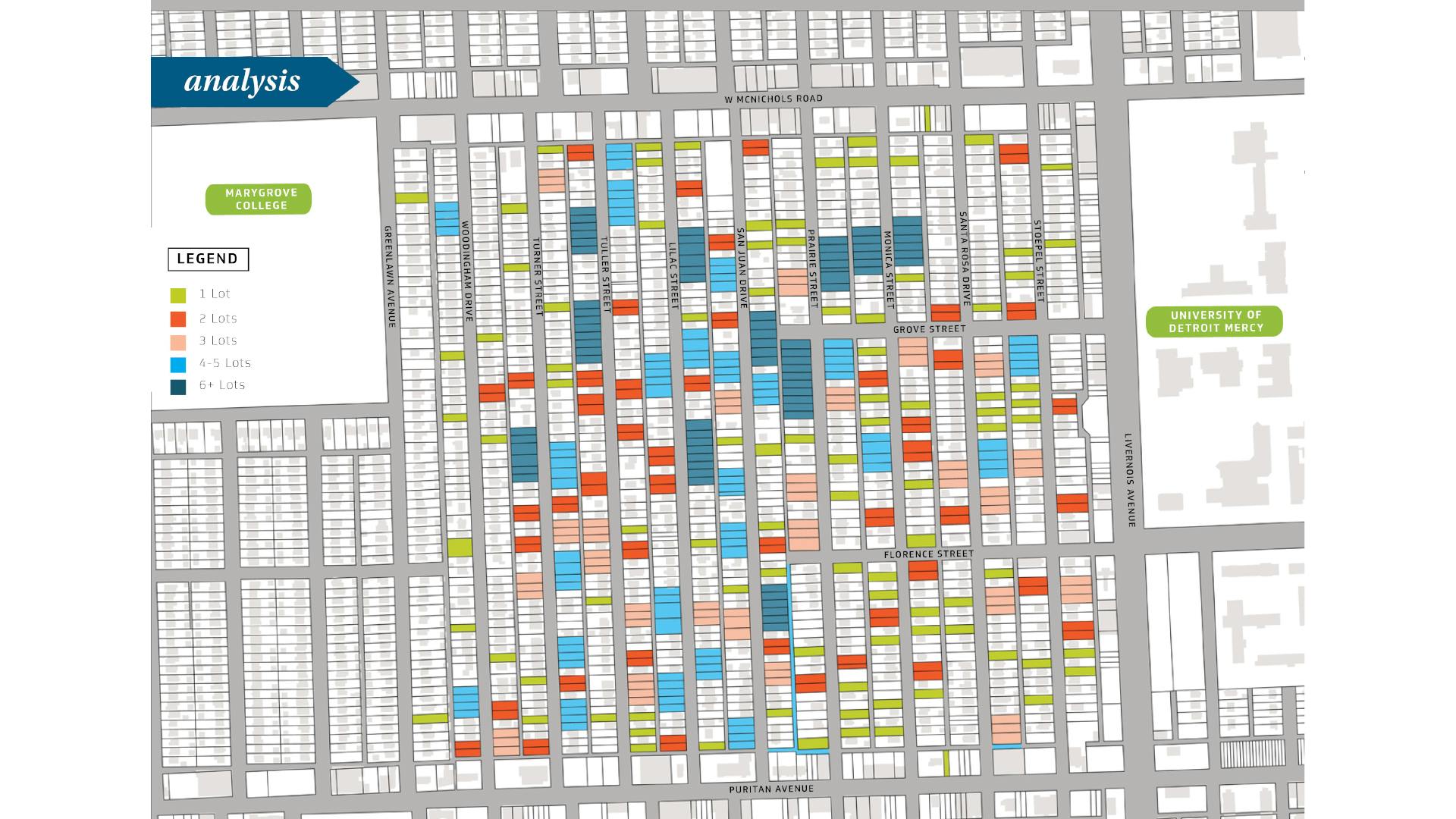 Plan view illustration of Fitzgerald neighborhood with vacant lots categorized into different color based on the number of vacant lot groupings.