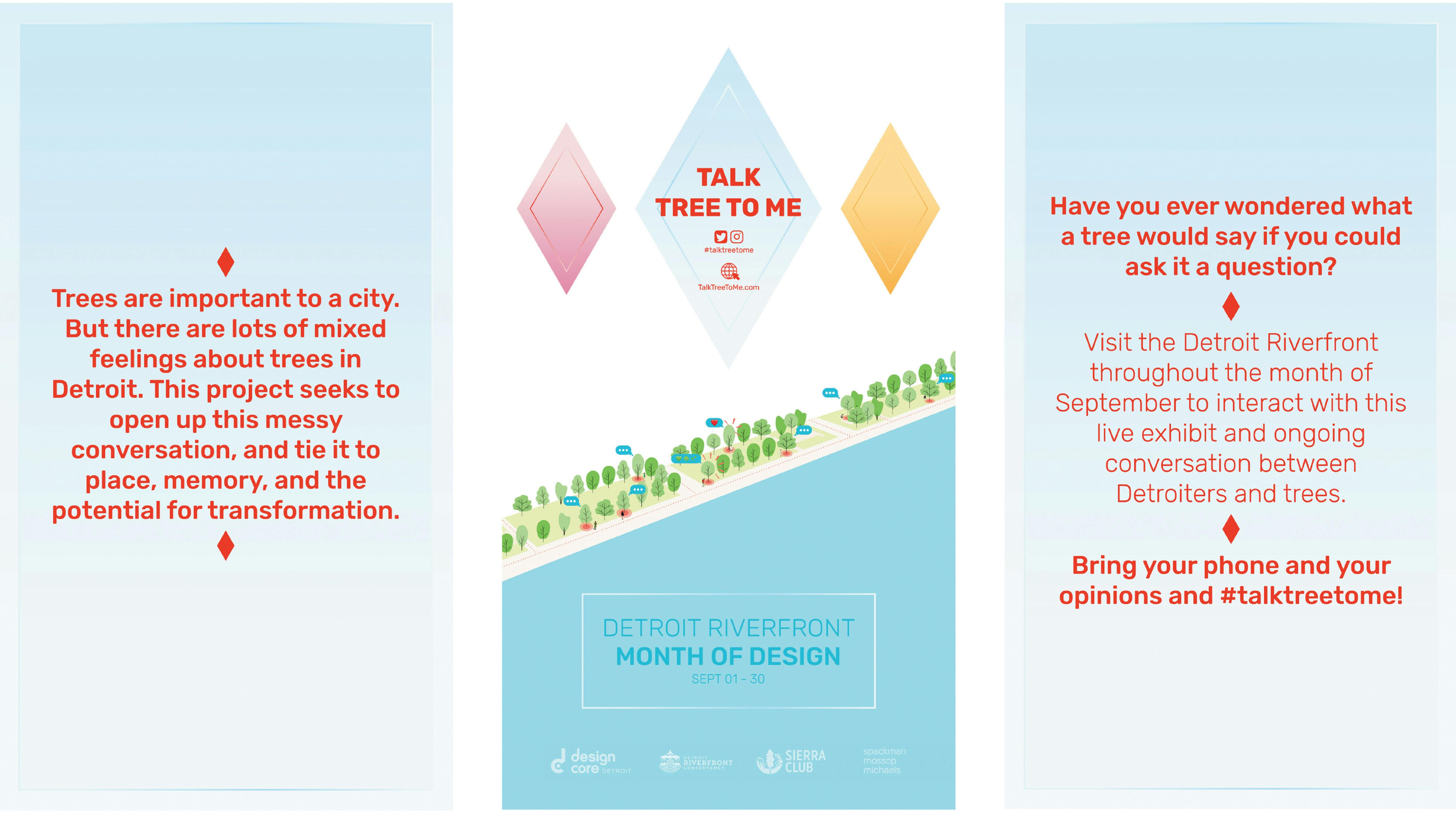Talk Tree to Me poster for social media promoting Month of Design at Detroit riverfront.