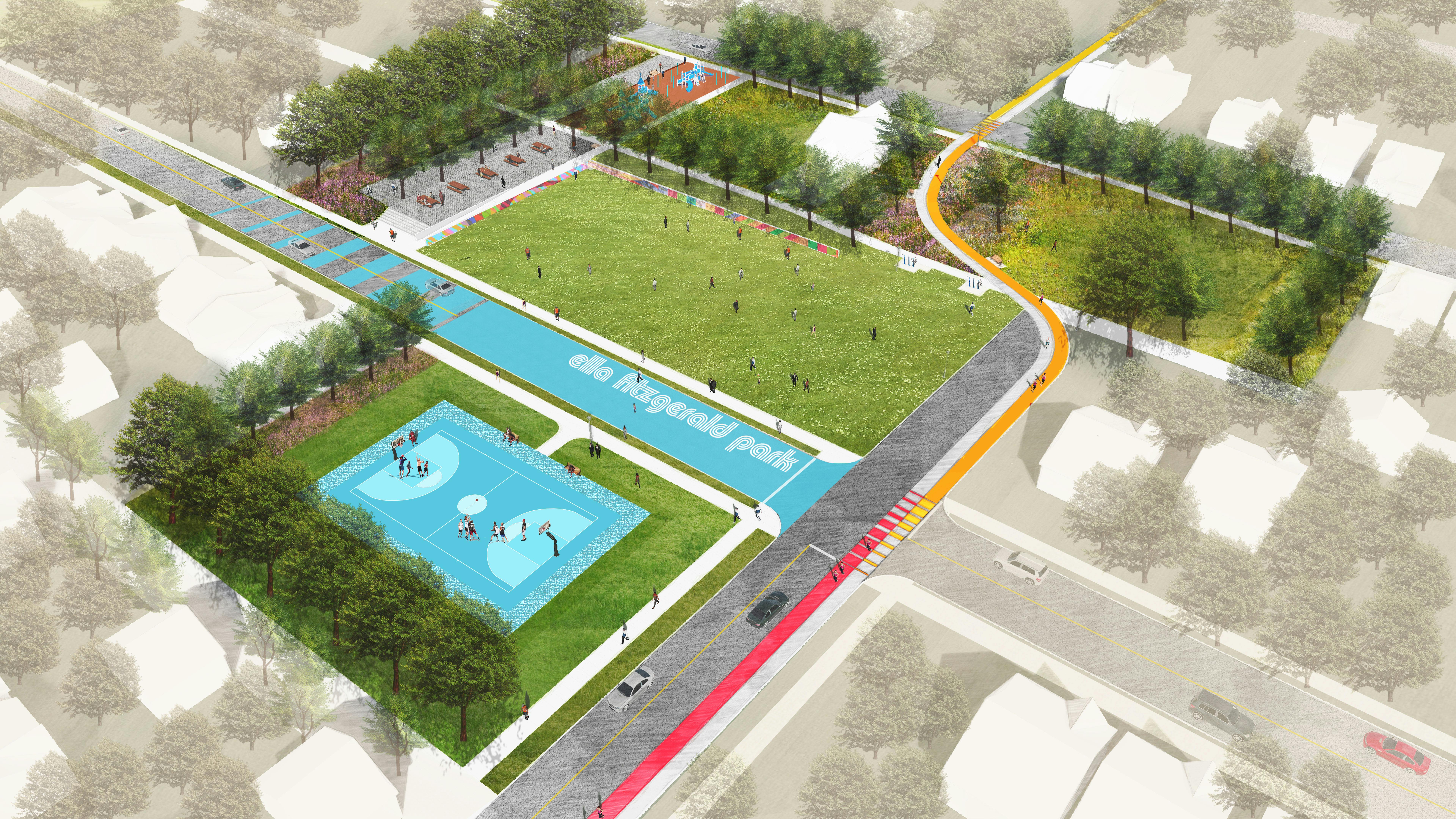 Bird's eye view rendering of the central park, Ella Fitzgerald Park, with colorful basketball court, greenway, and artistic crosswalk as a street calming measure.