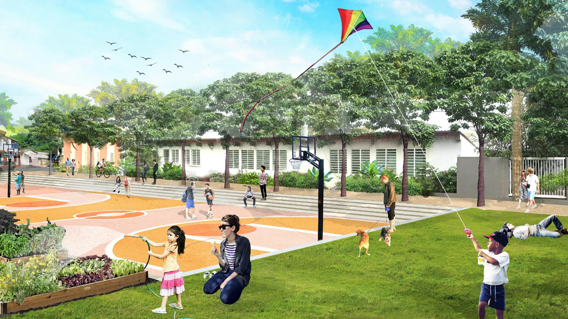 Perspective rendering of sunken basketball court with kids sitting on steps along the side and flying kites.
