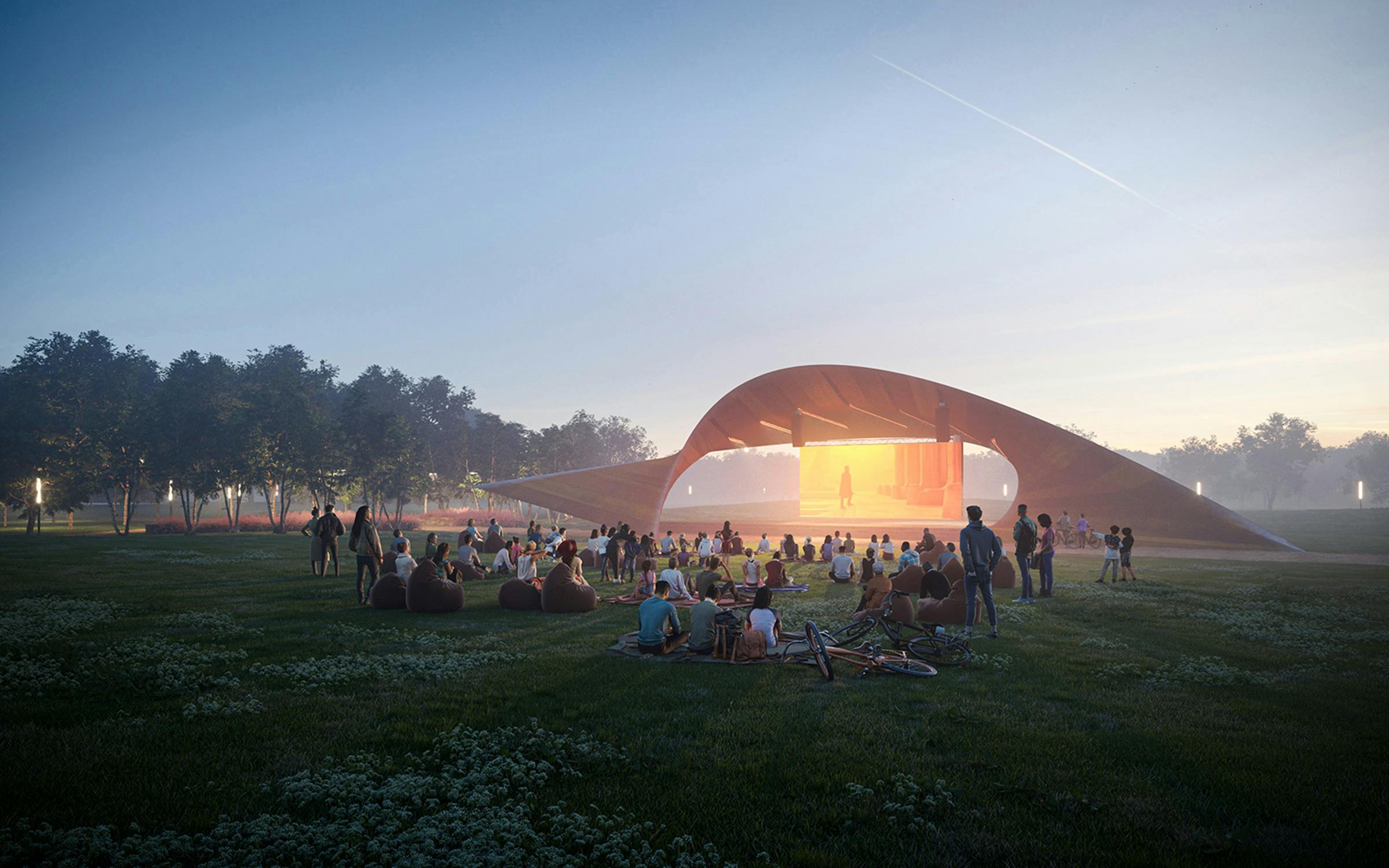 Perspective rendering at sundown of outdoor movie screening at performance pavilion, a large crowd of people gathered on the lawn under the open sky.