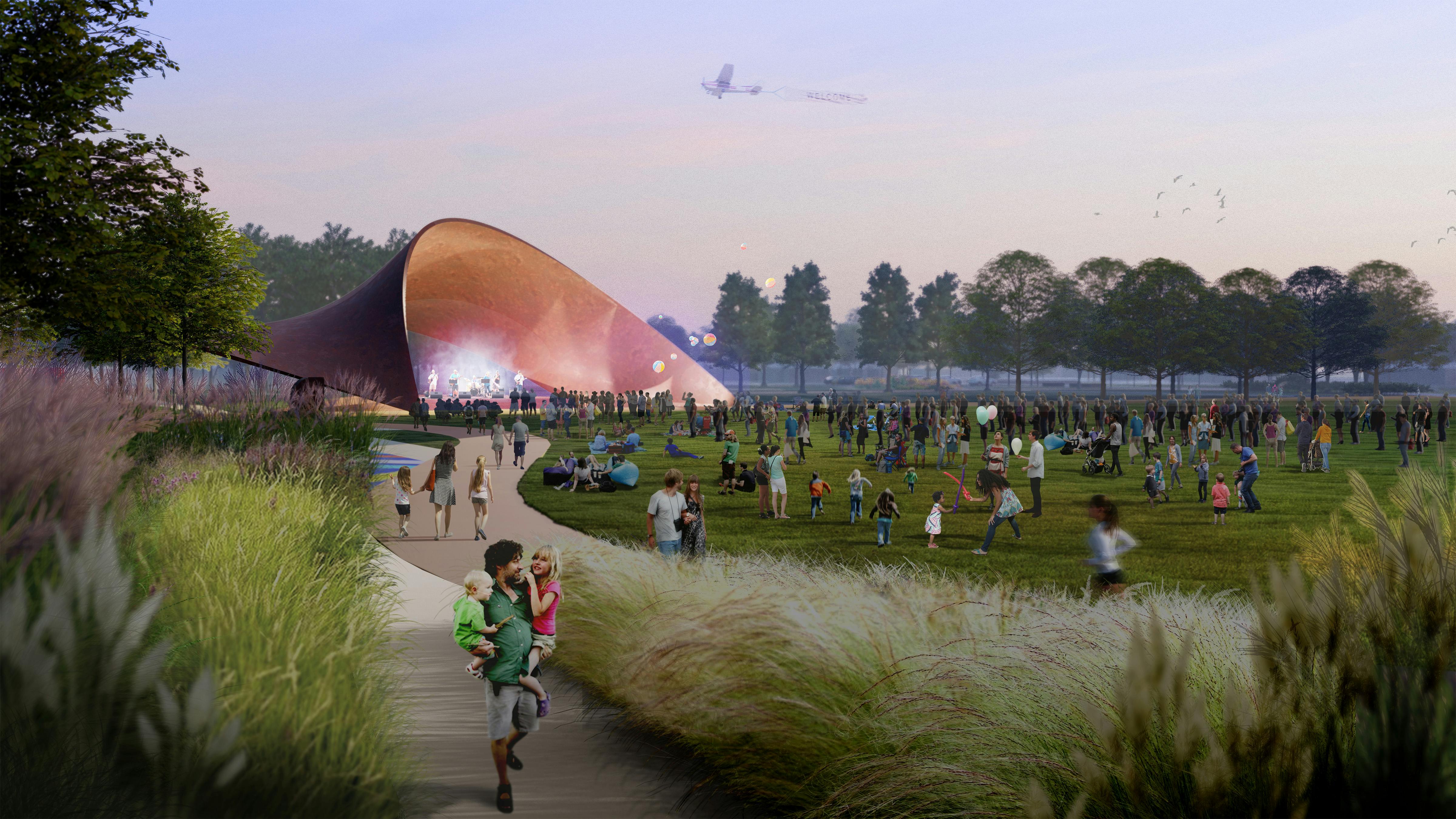 Sunset perspective rendering of concert at performance pavilion in the background, people gathered in front of pavilion sitting and standing in grass field.