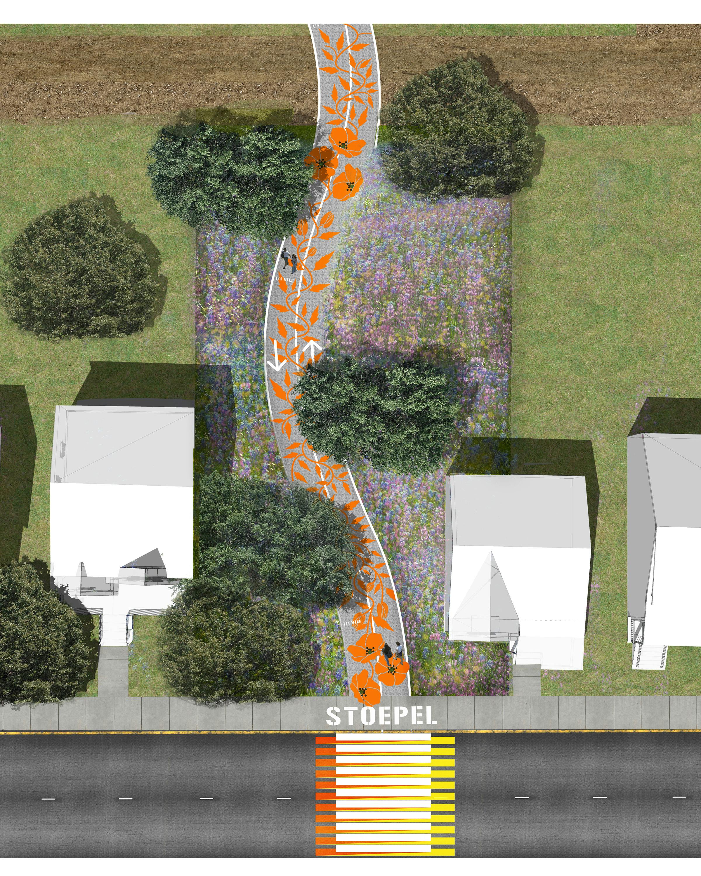 Aerial rendering of proposed greenway with bold orange flowers painted on the path.