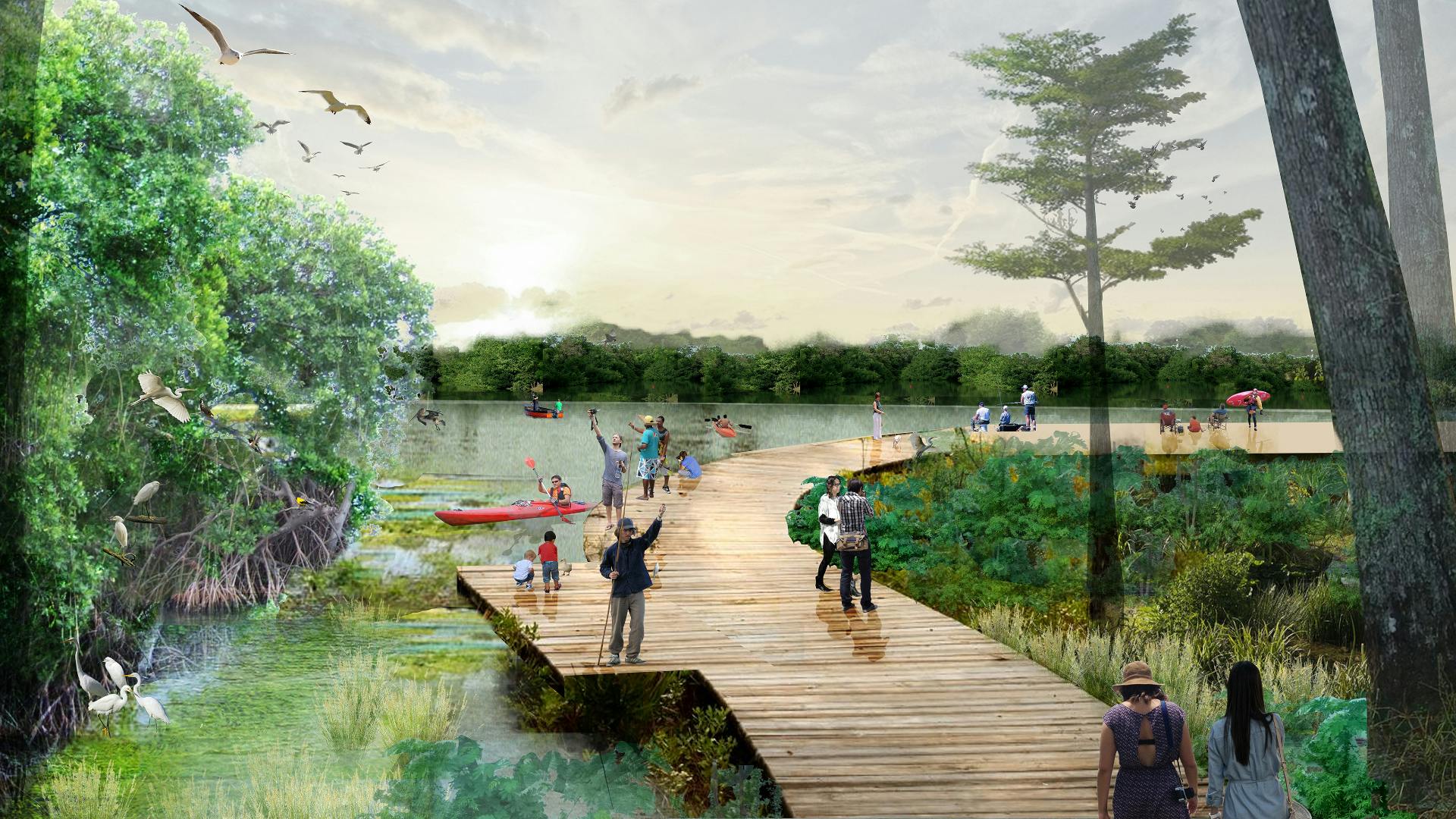 Perspective rendering of a lush landscape along Caño Martín Peña with people kayaking and strolling along the boardwalk.