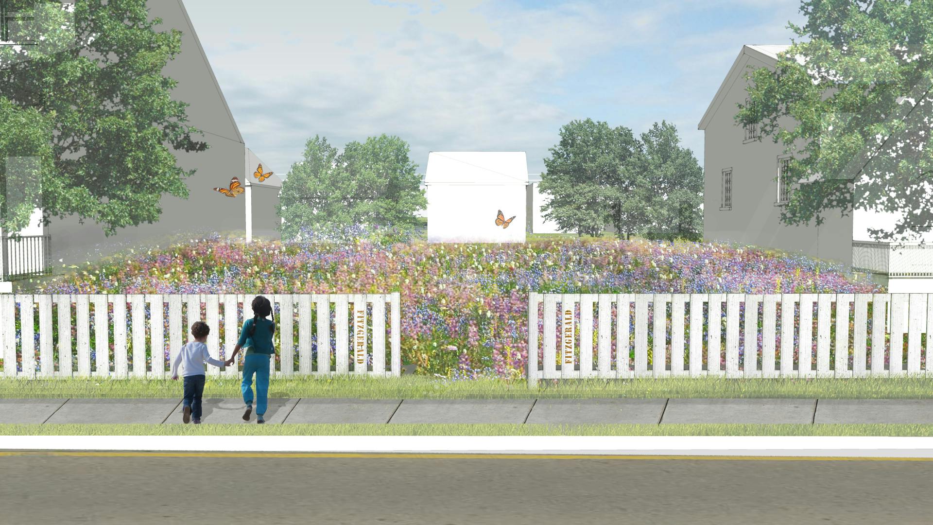Perspective rendering of a vacant lot transformed into a pollinator meadow of wildflowers with pink, purple, and white flowers.