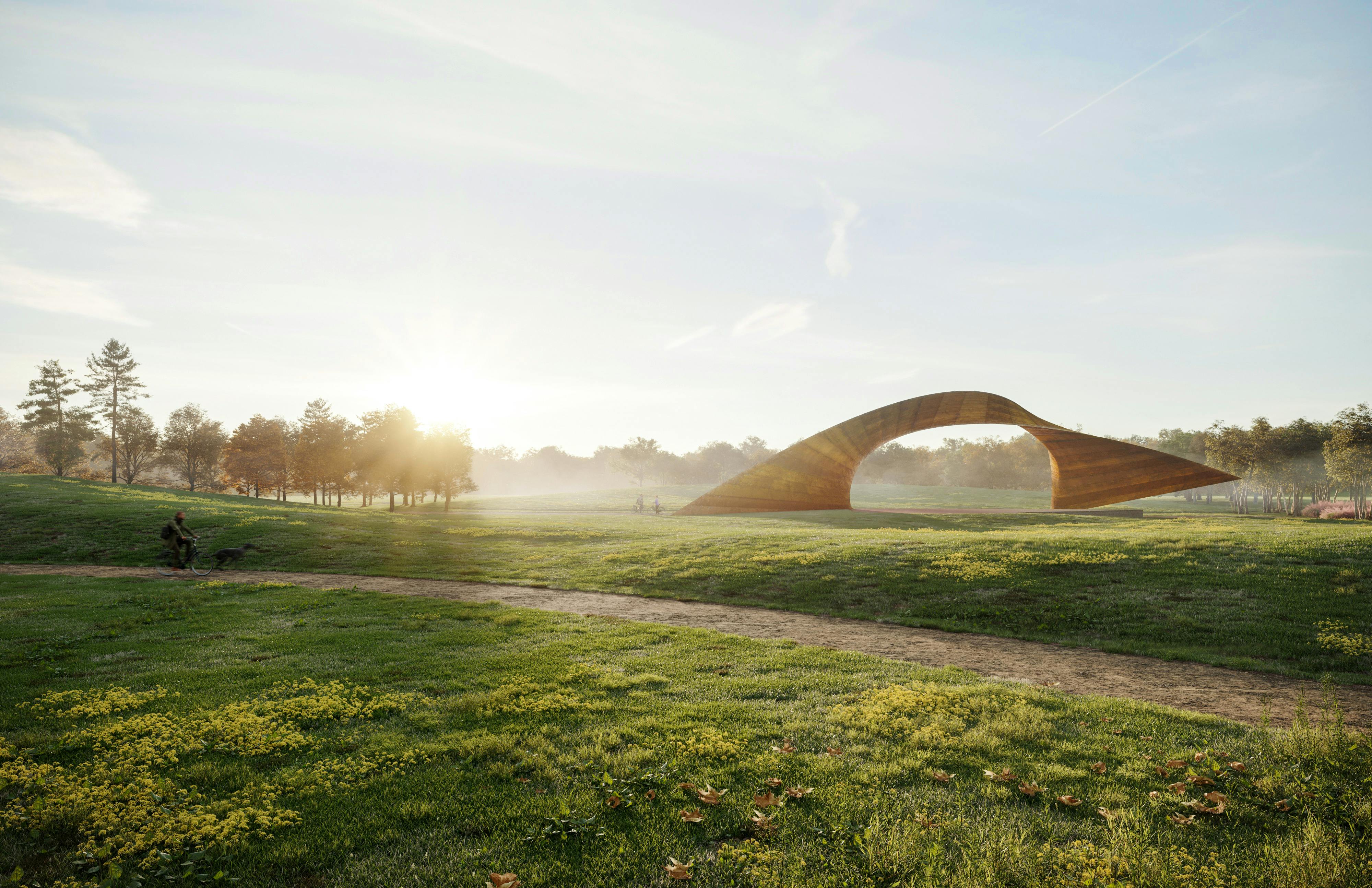 Sunrise perspective rendering of performance pavilion nestled in lush green field and under open sky with swooping path cutting through grass field.