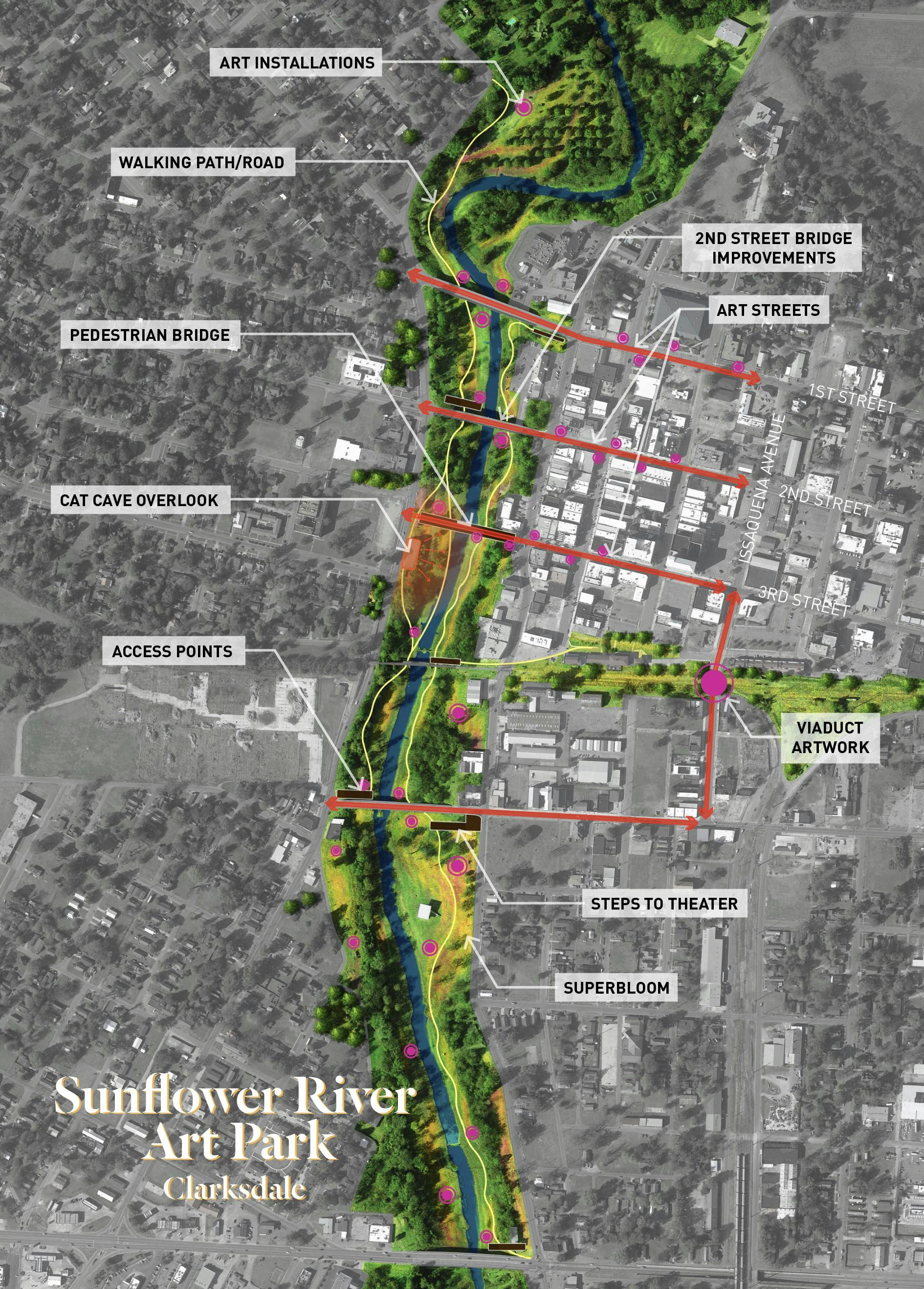 Aerial rendering of Sunflower River art park with vision plan improvements. 