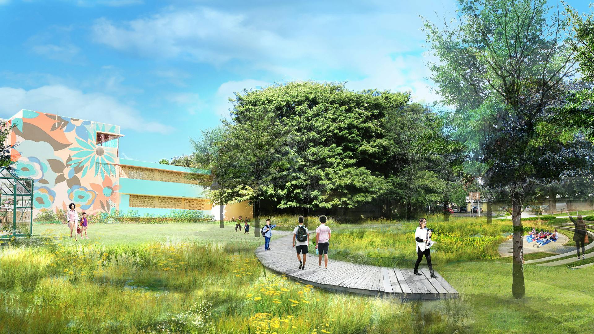 Perspective rendering of lush flowering and grassy schoolyard detention pond with an elevated boardwalk and outdoor classroom.