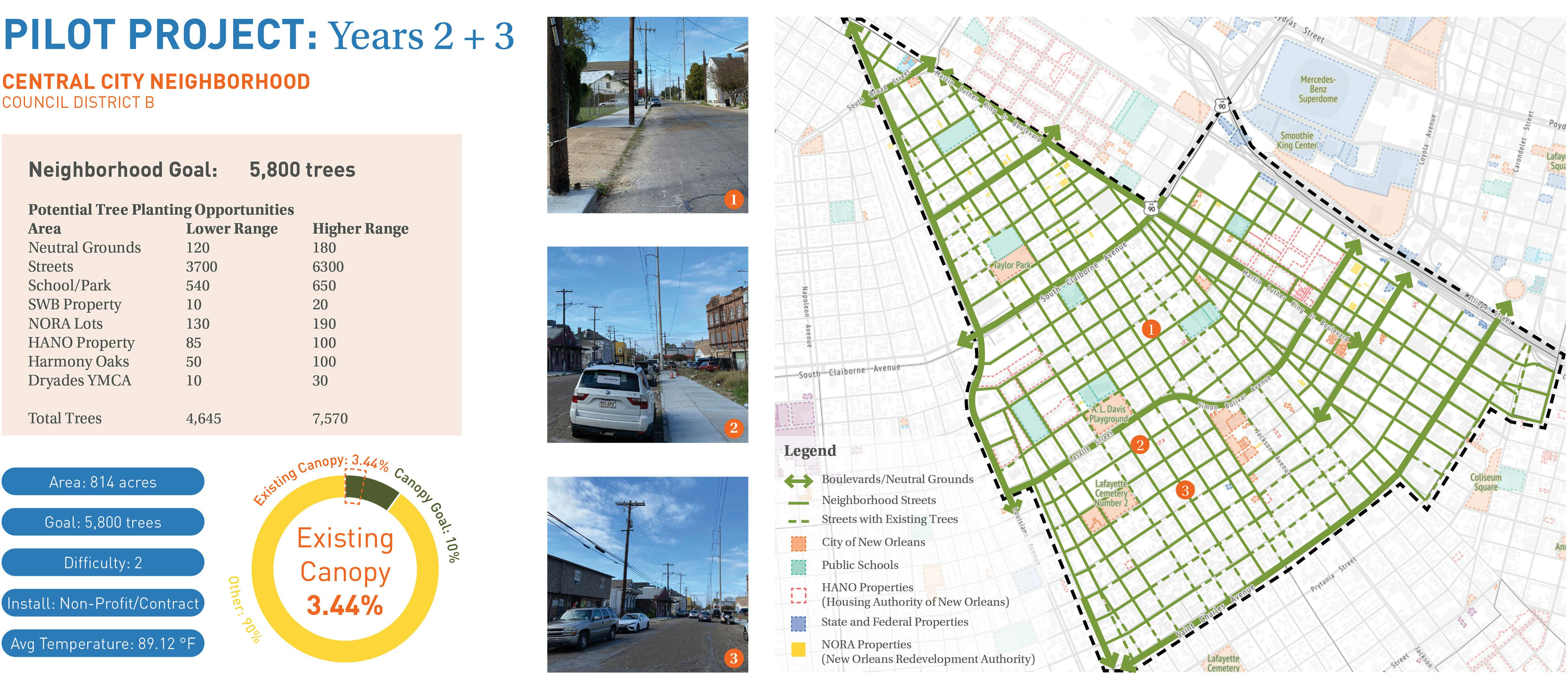 Pilot projects illustrates recommendations for years 2 and 3 for Central City Neighborhood, illustrating a goal of 5,800 trees and potential tree planting opportunity areas.