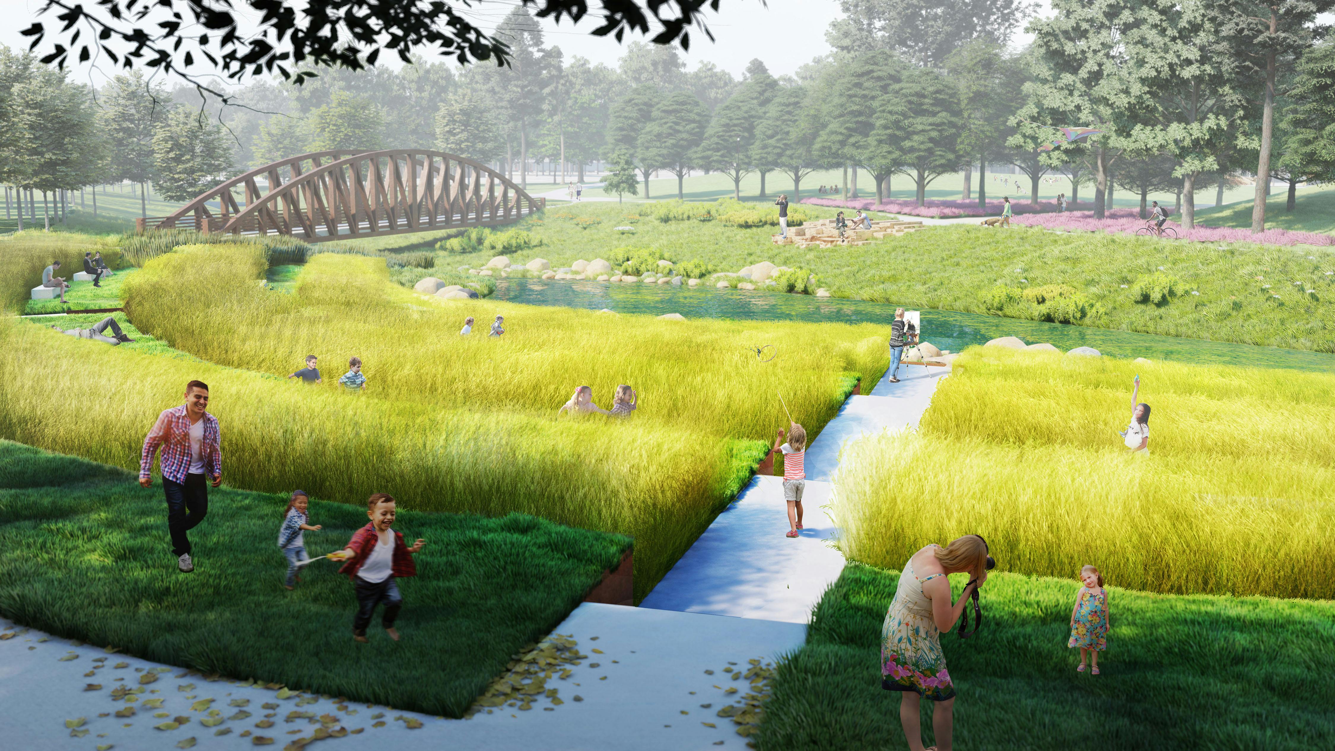 Perspective rendering of tiered steps leading down to existing creek, with tall grasses at each tier, a pedestrian bridge spanning across water, preserves and maintaining naturalized creek edge.
