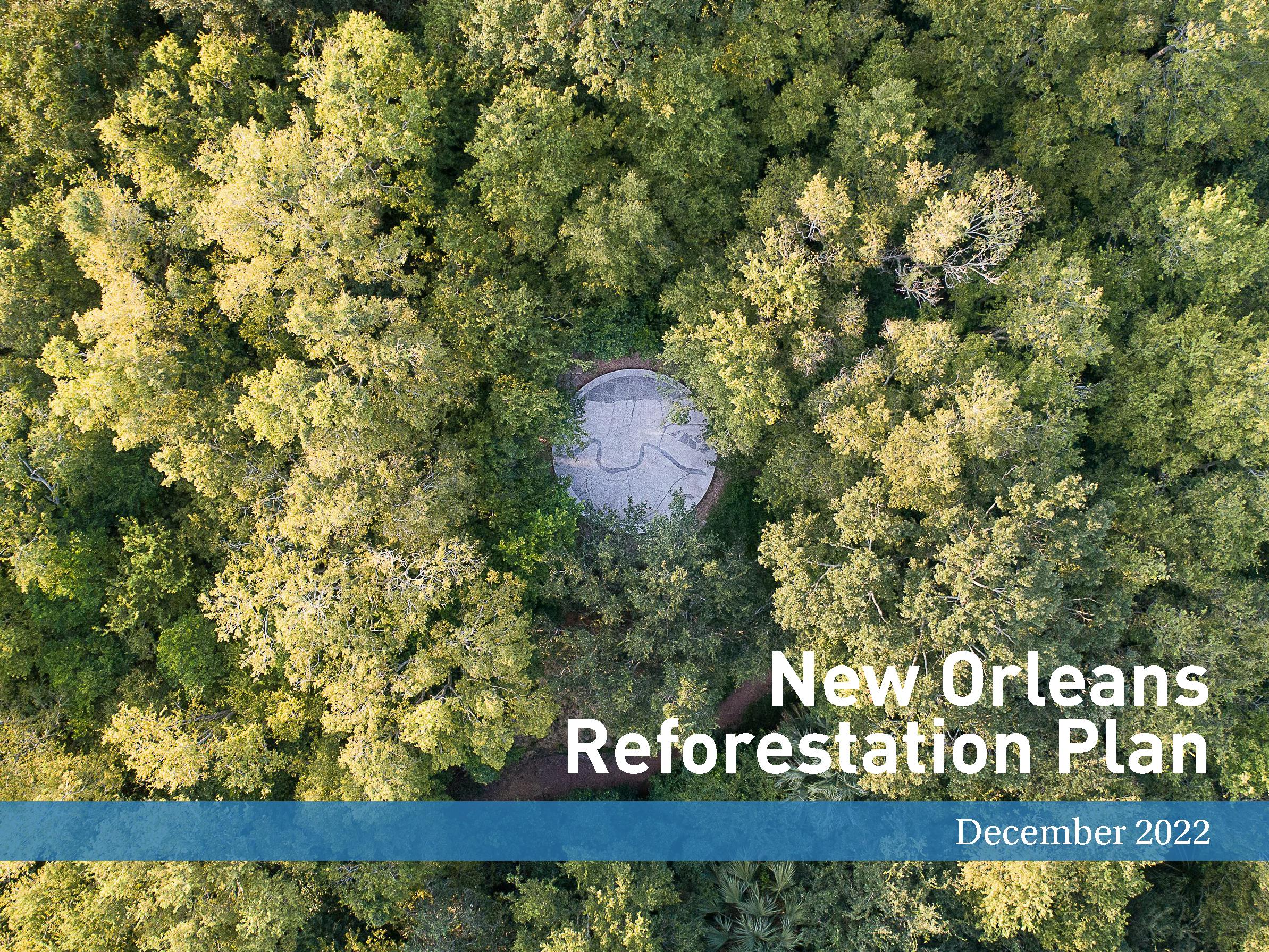 cover of new orleans reforestation plan report. Aerial photo of tree tops with grey stone deck in center