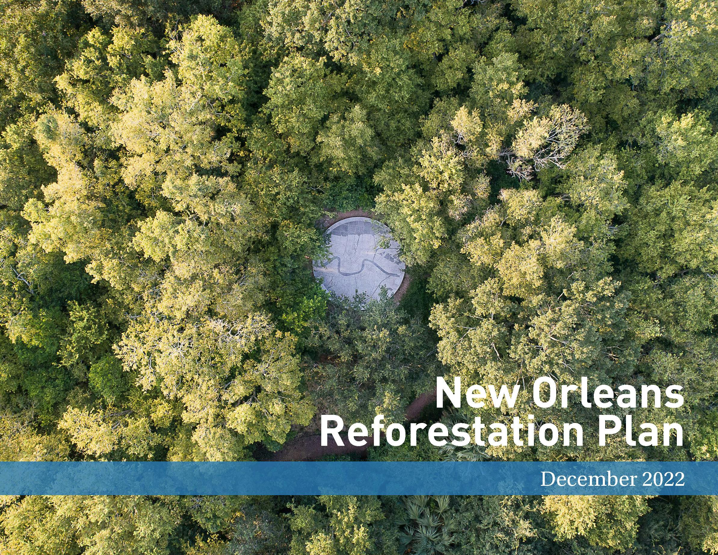 cover of new orleans reforestation plan report. Aerial photo of tree tops with grey stone deck in center