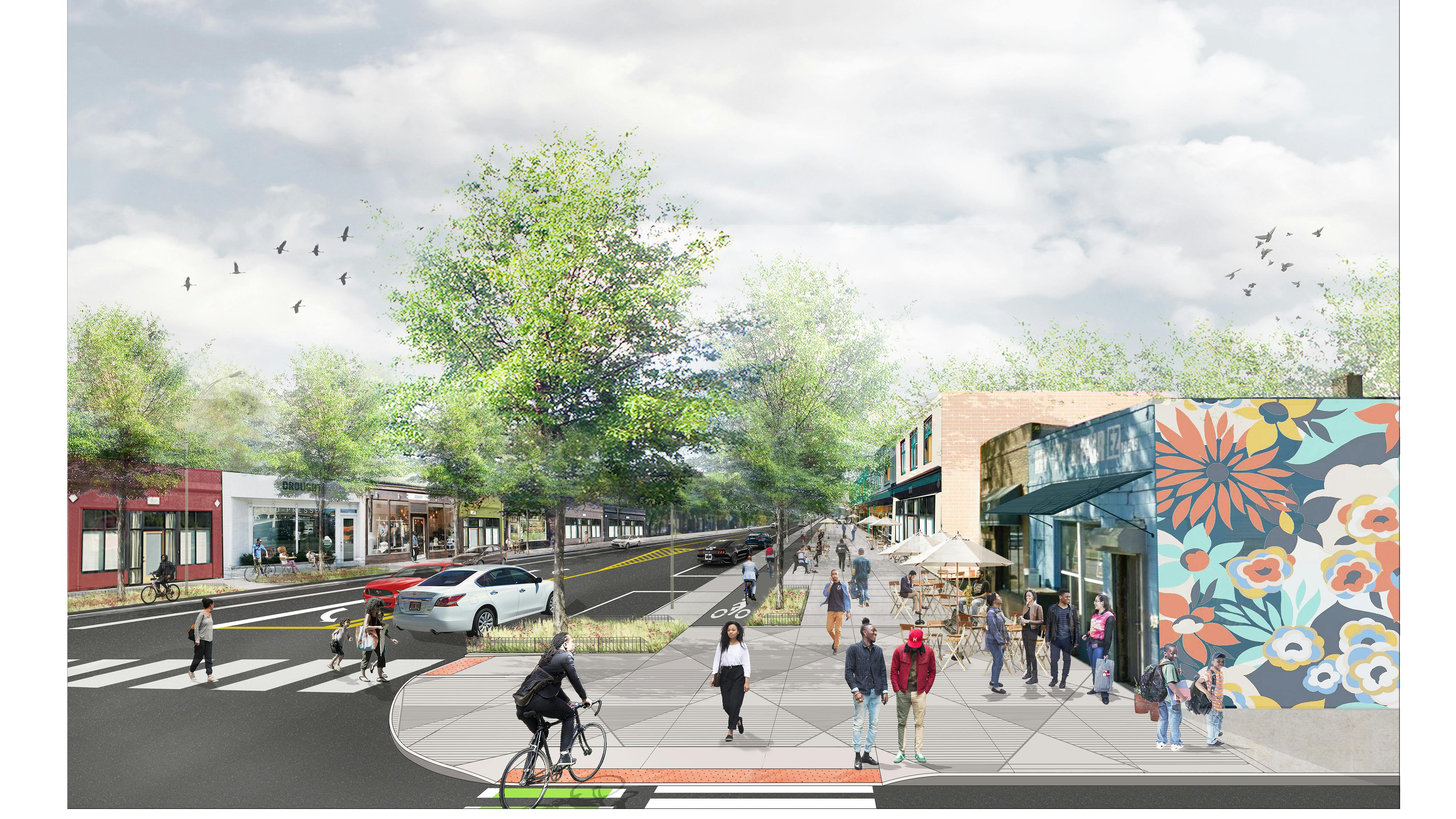 Perspective rendering transforming livernois with reduced drive lanes, planted bump outs at street corner, bike lane dividing roadway and pedestrian sidewalk, planting beds with trees dividing bike lane and sidewalk with enough room for vibrant storefronts.
