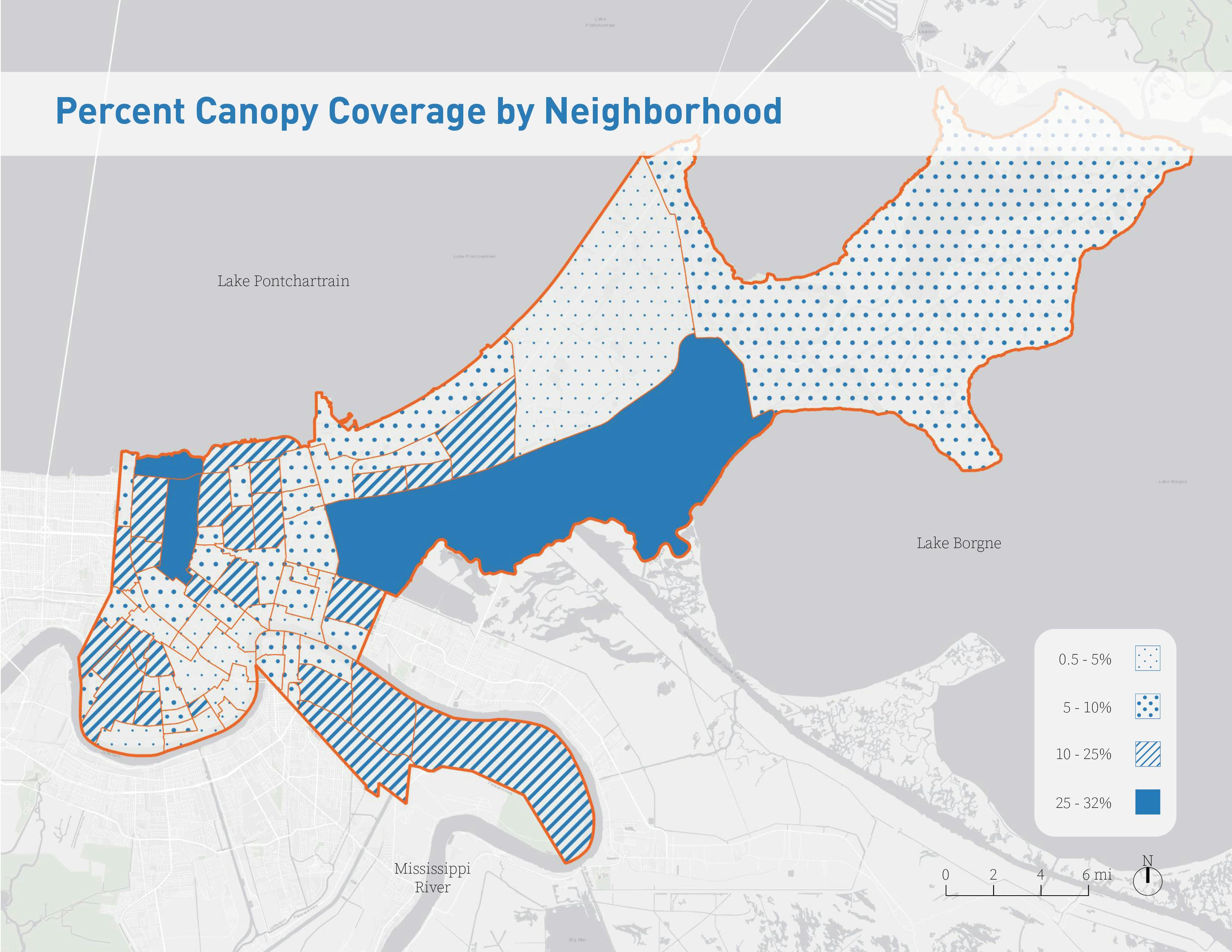 A map illustrating less than half of the 72 neighborhoods in New Orleans have less than 10% canopy coverage and only 25% to 32% canopy cover at most.