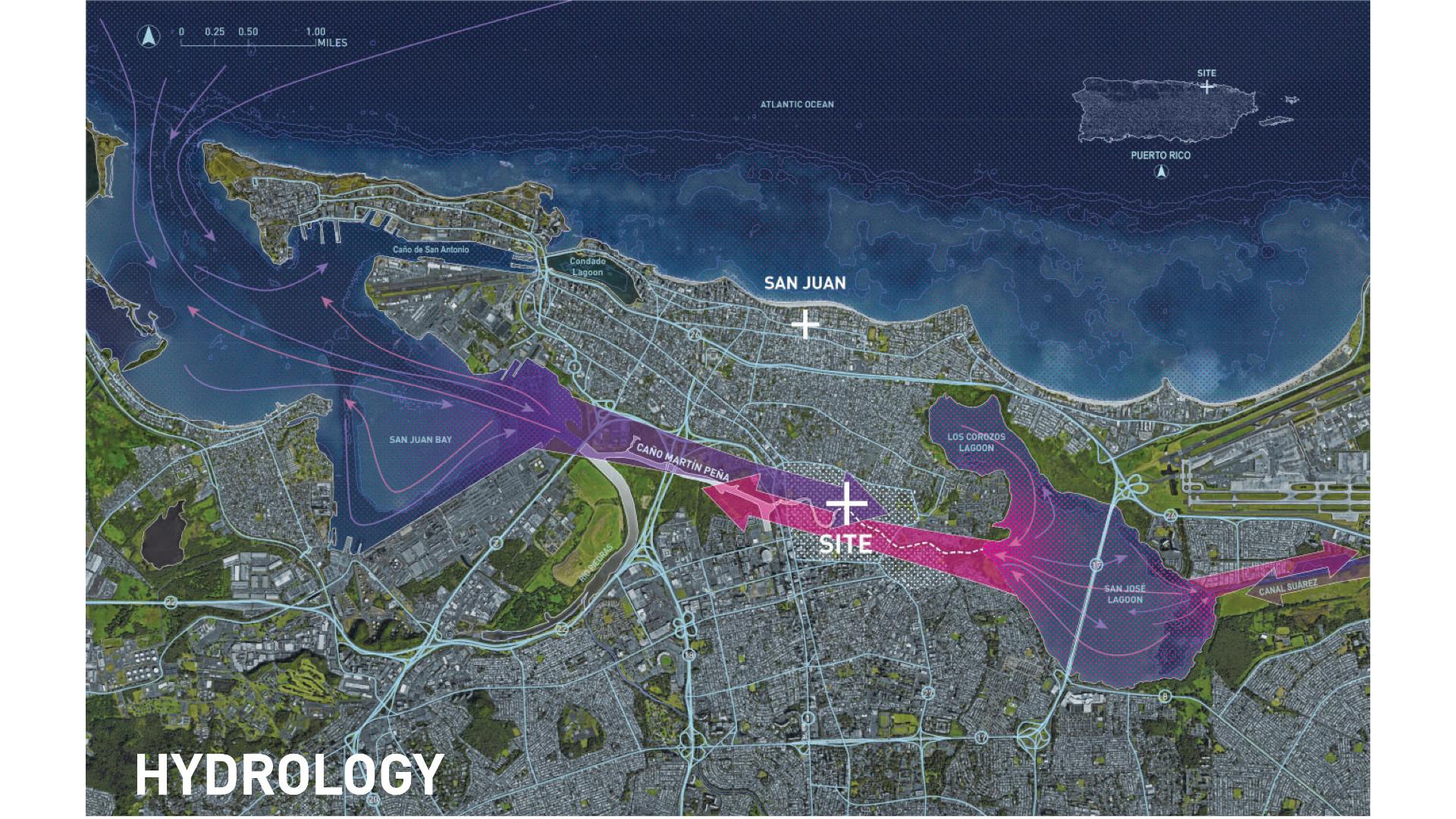 Plan of San Juan, Puerto Rico illustrating the Atlantic Ocean, Los Corozos Lagoon, and San Jose Lagoon flowing into Caño Martín Peña.