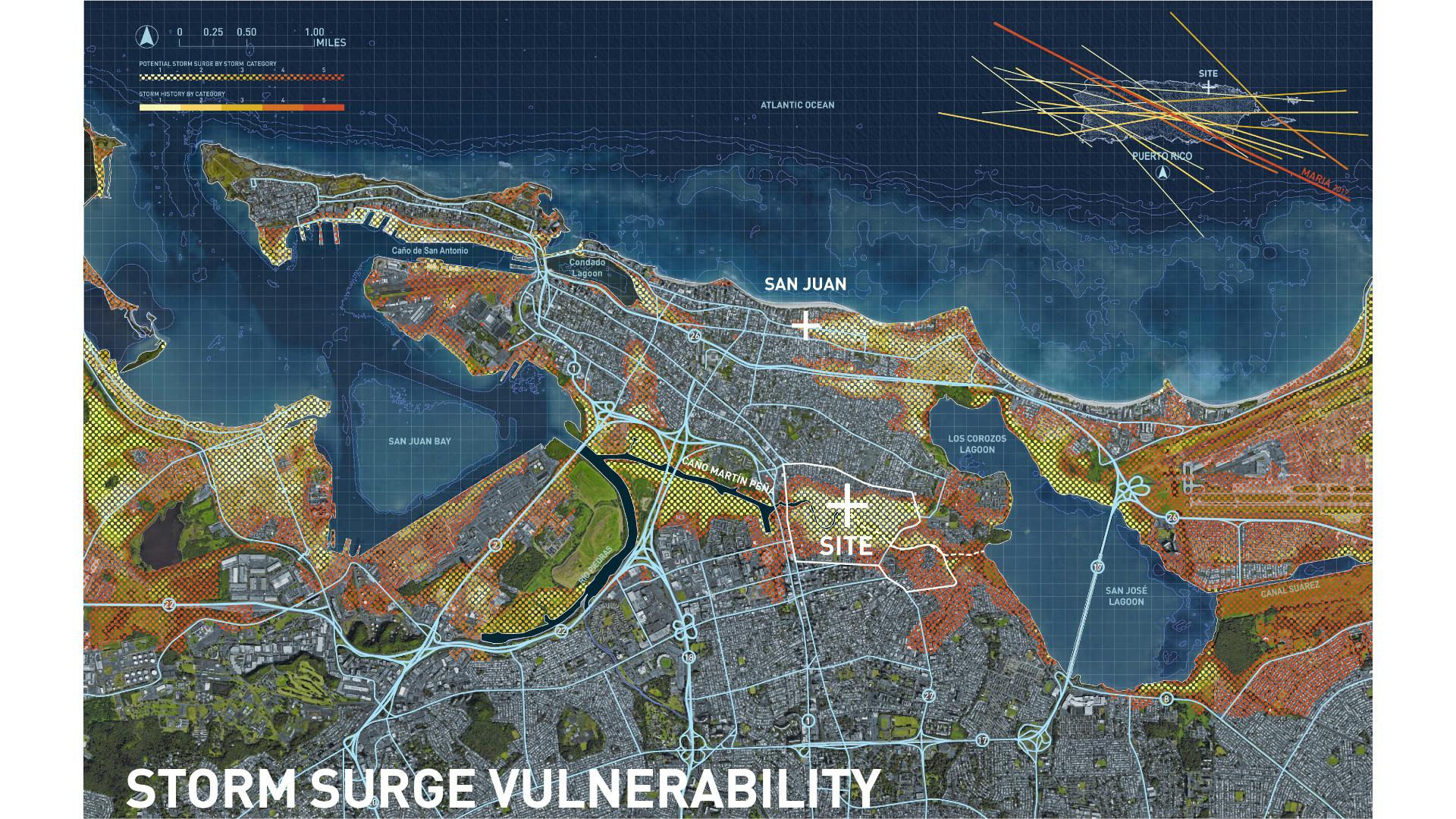 Plan illustrating site boundary, revealing storm surge vulnerability, with storm surge category ranging from 1-5.