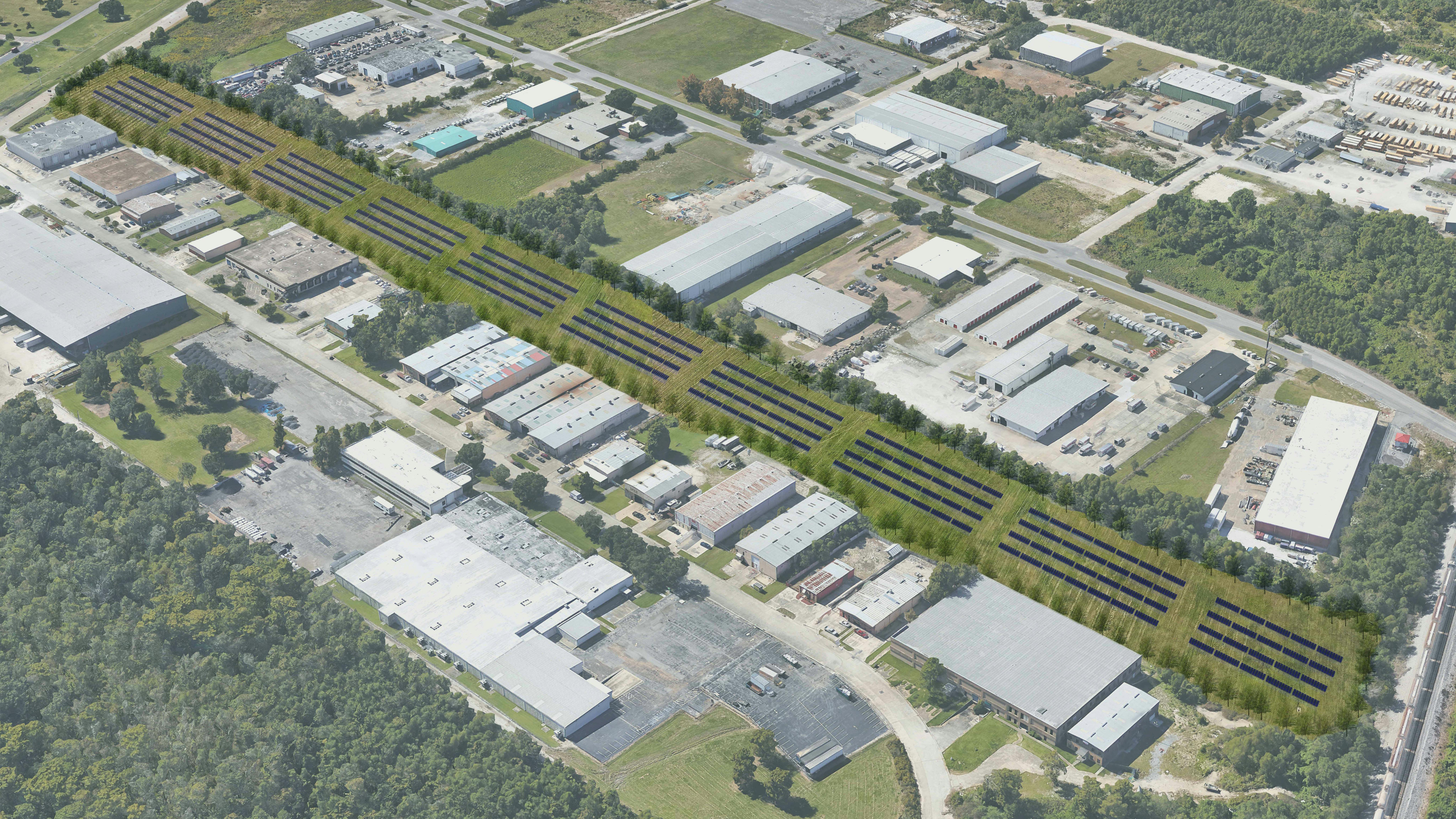 aerial rendering of industrial area with solar panel farm
