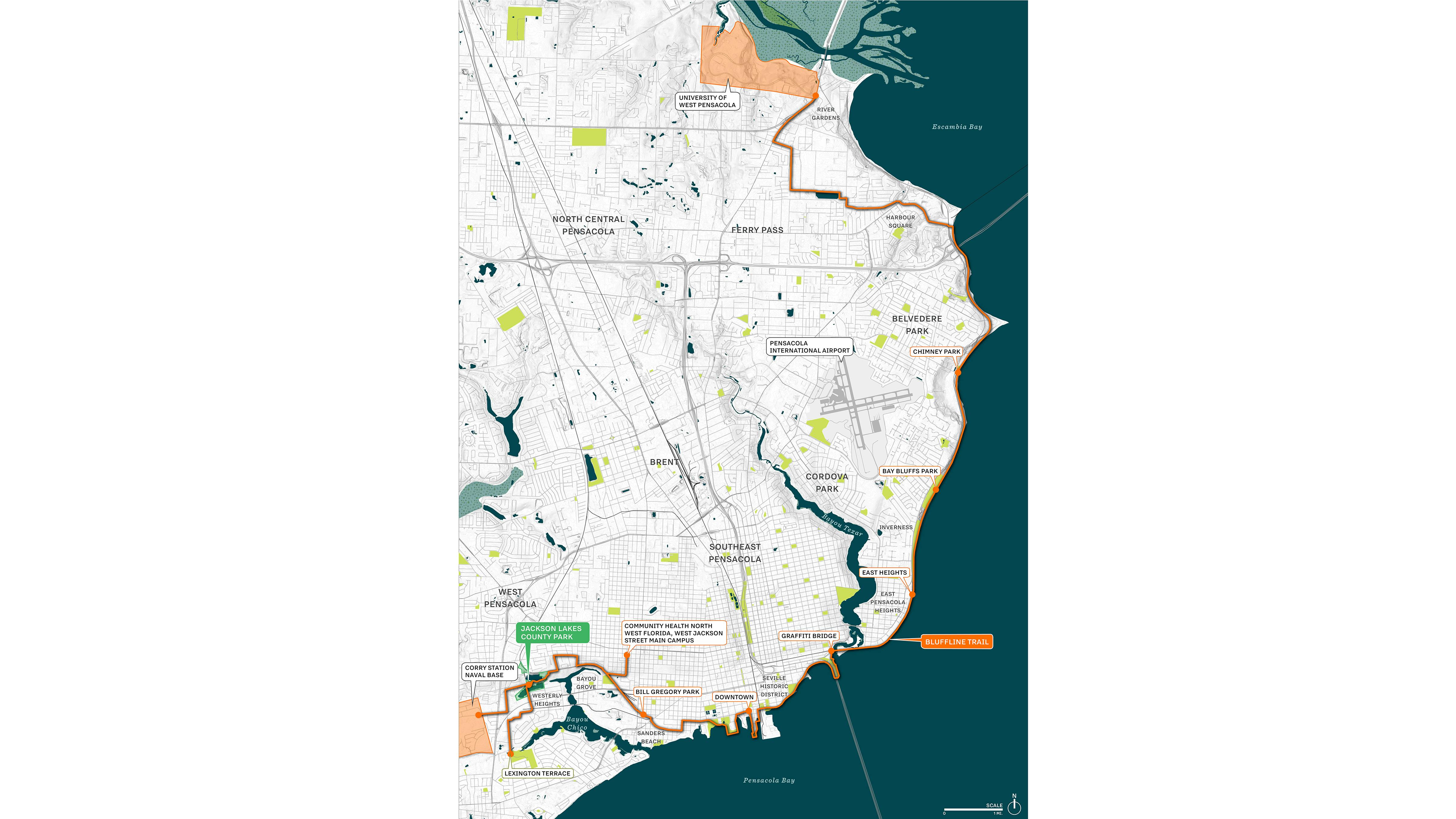 map of greater pensacolar, FL area and bike trail expansion route