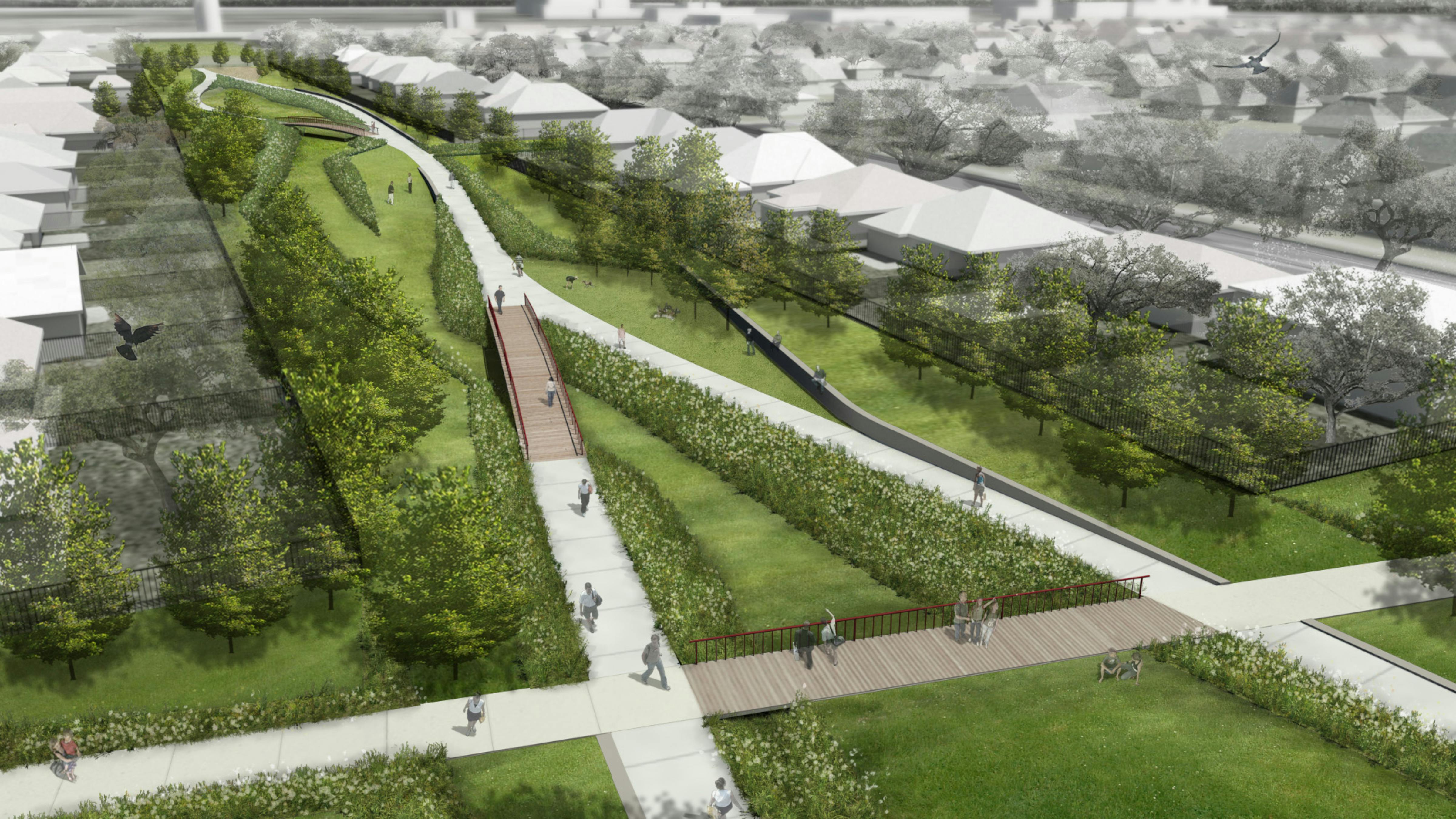 aerial drawing of grassy urban park with pathways