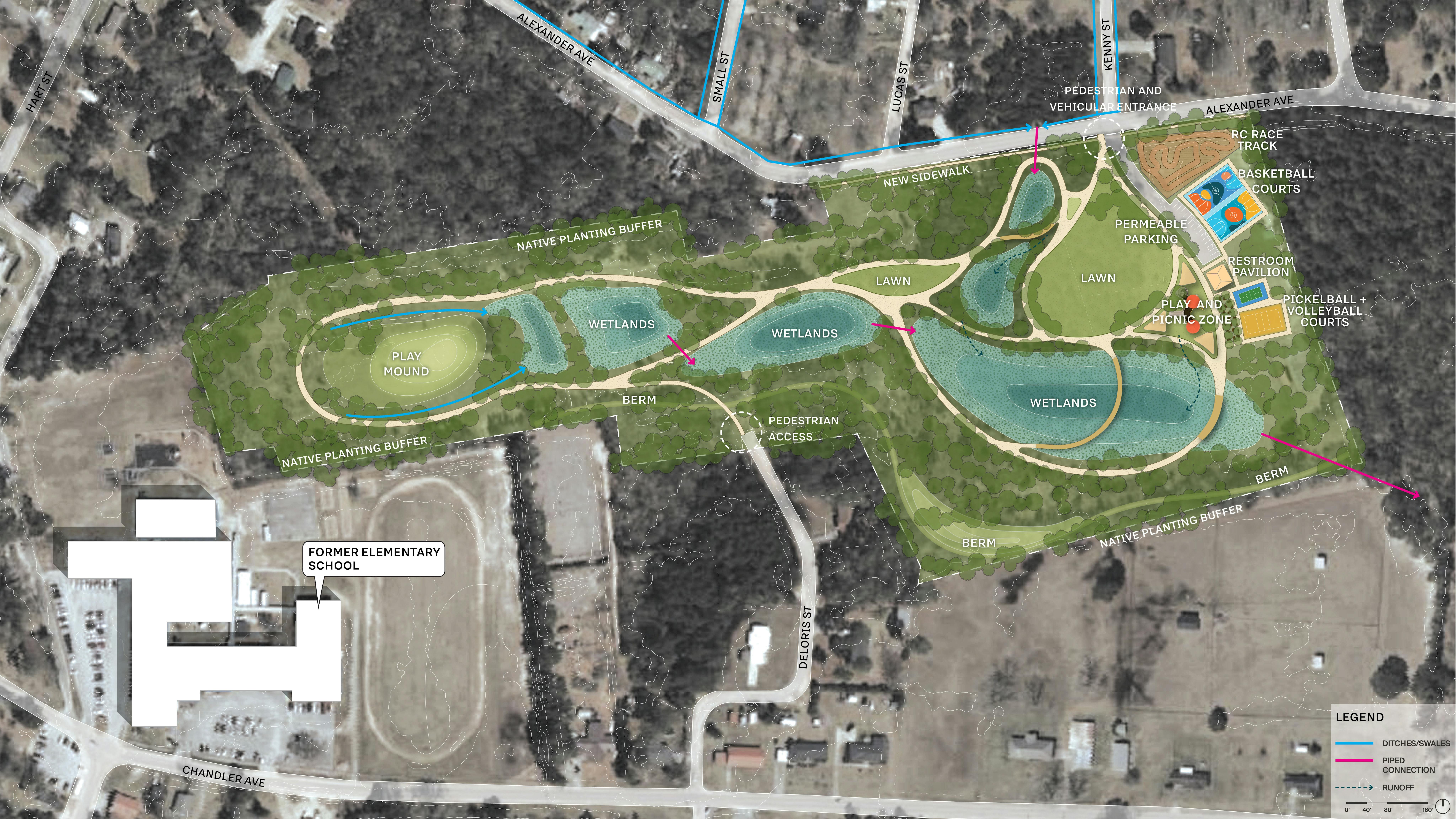 aerial plan drawing of park amenities with wetlands