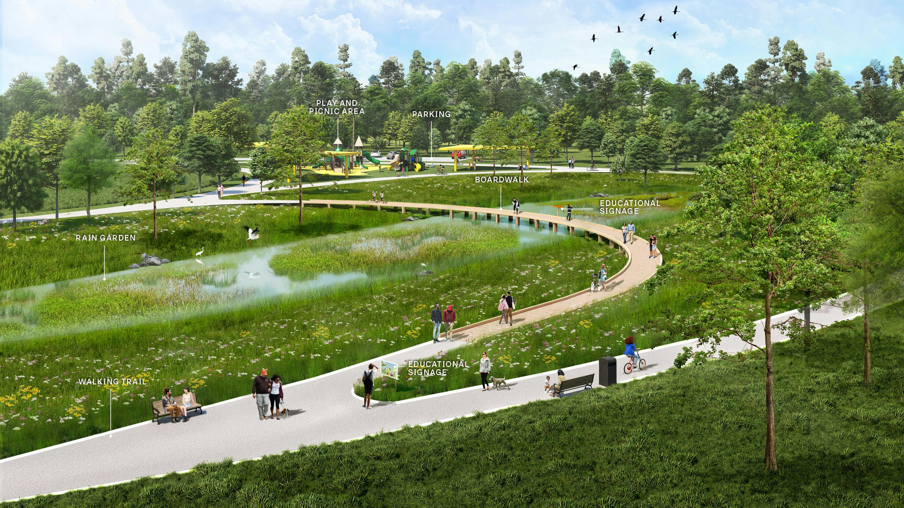 digital rendering of park with wetlands and paths