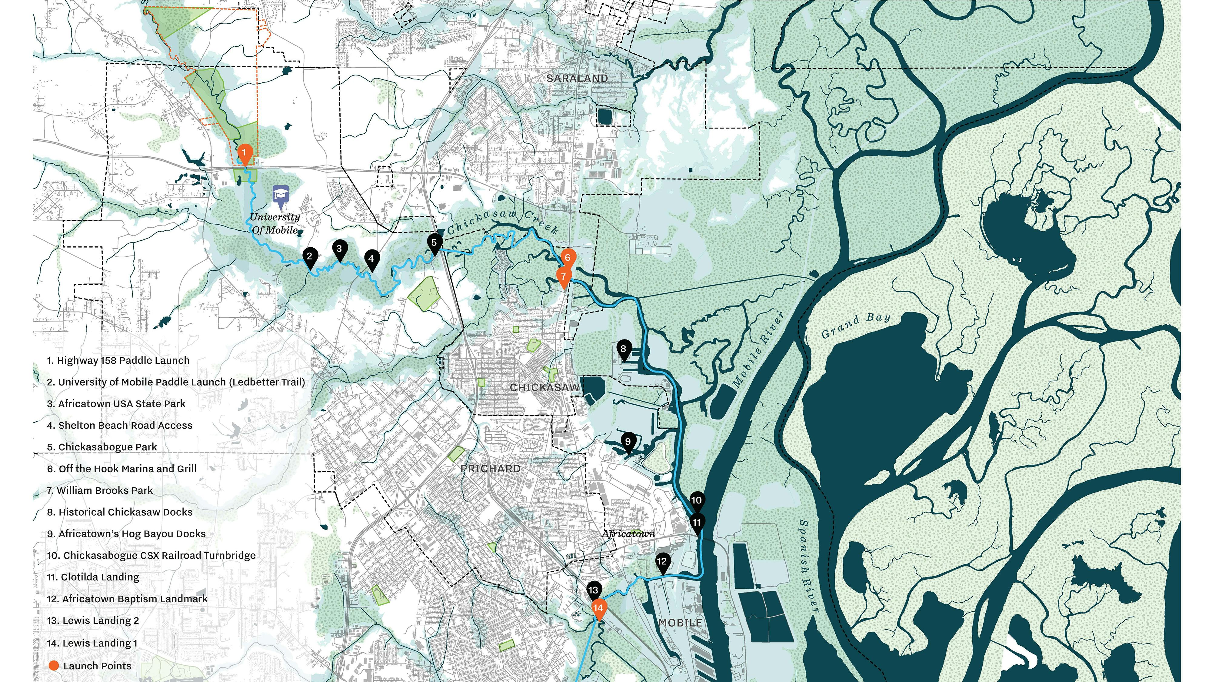 Map of greater Mobile Alabama with points of interest and launch points for the africatown connections blueway