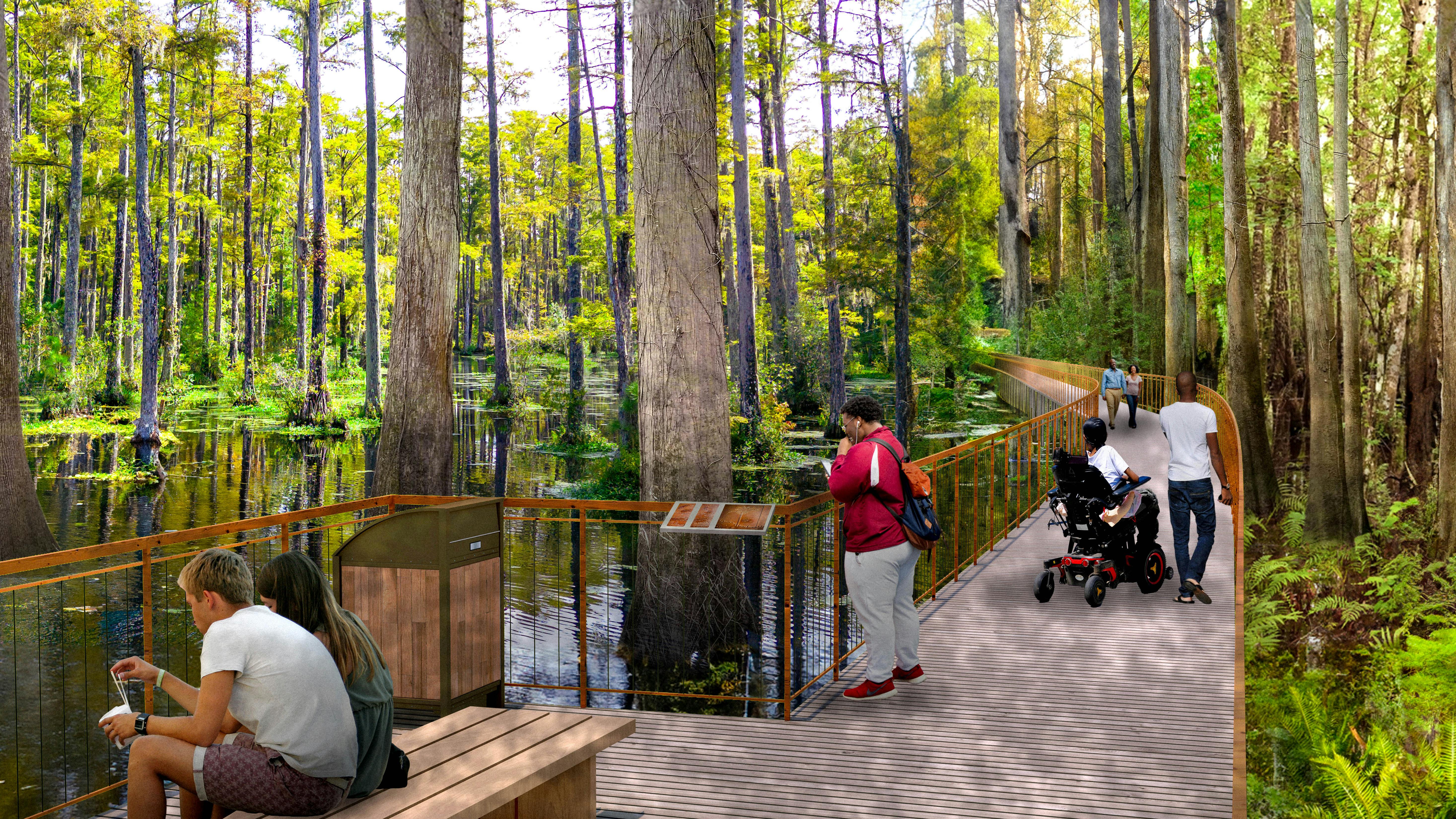 rendering of people walking on boardwalk in forested bayou