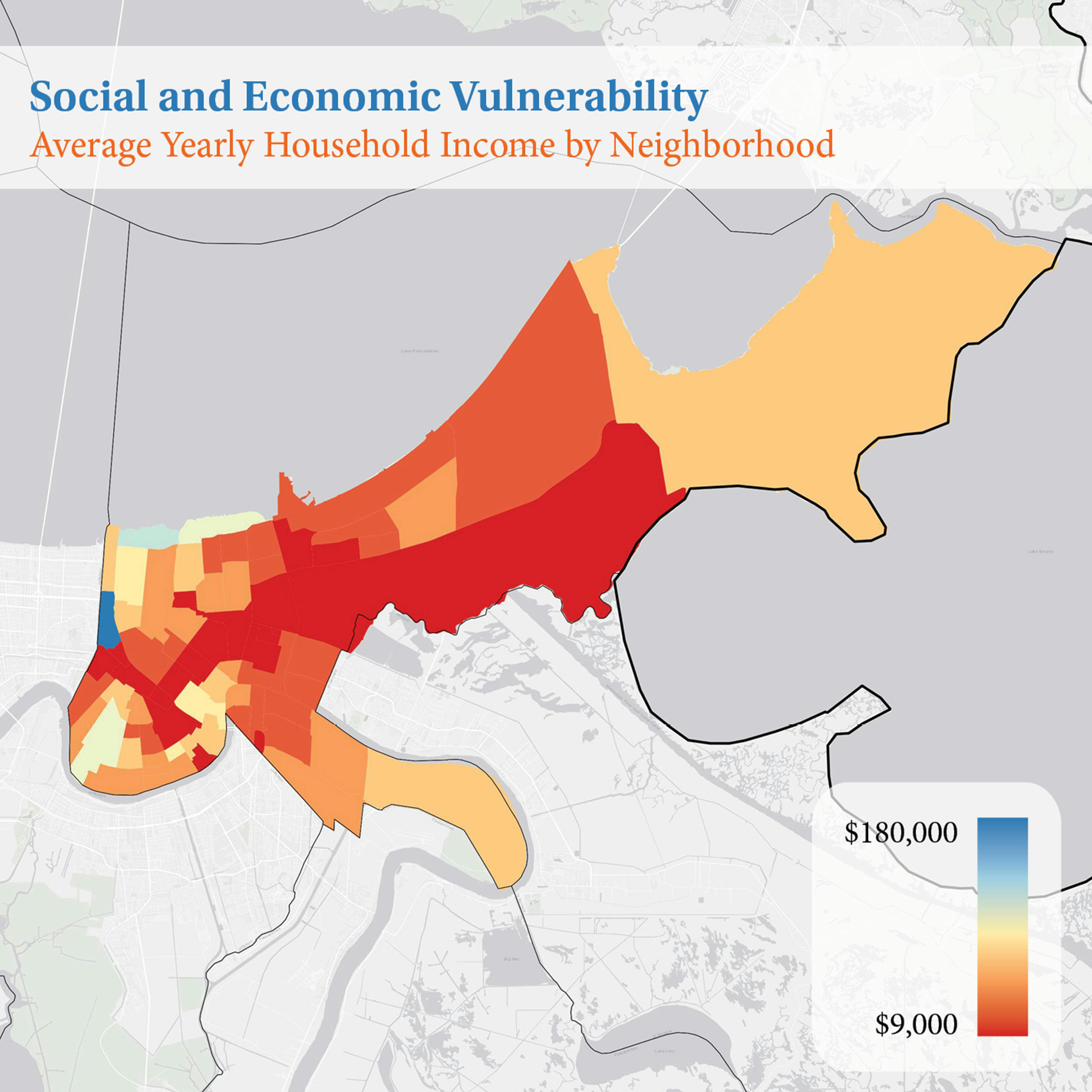 A map illustrating social and economic vulnerability within the city of New Orleans is significantly high with exceptions to the following areas: Lake Shore, Lake Terrace Oaks, Lakeview, Audubon, Lakewood, Warehouse District, and the Garden District.