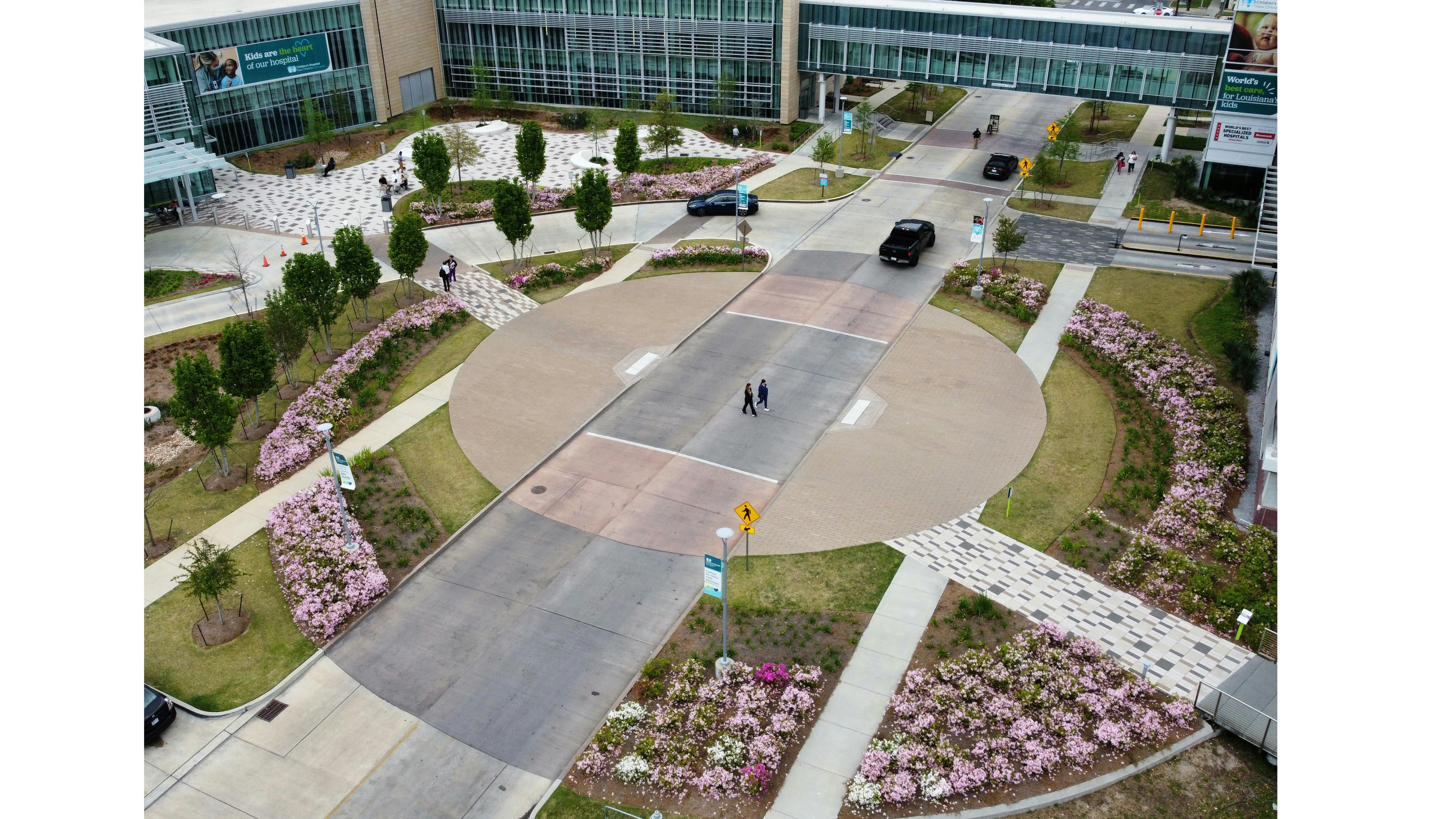 aerial photo of hospital entrance with landscaping