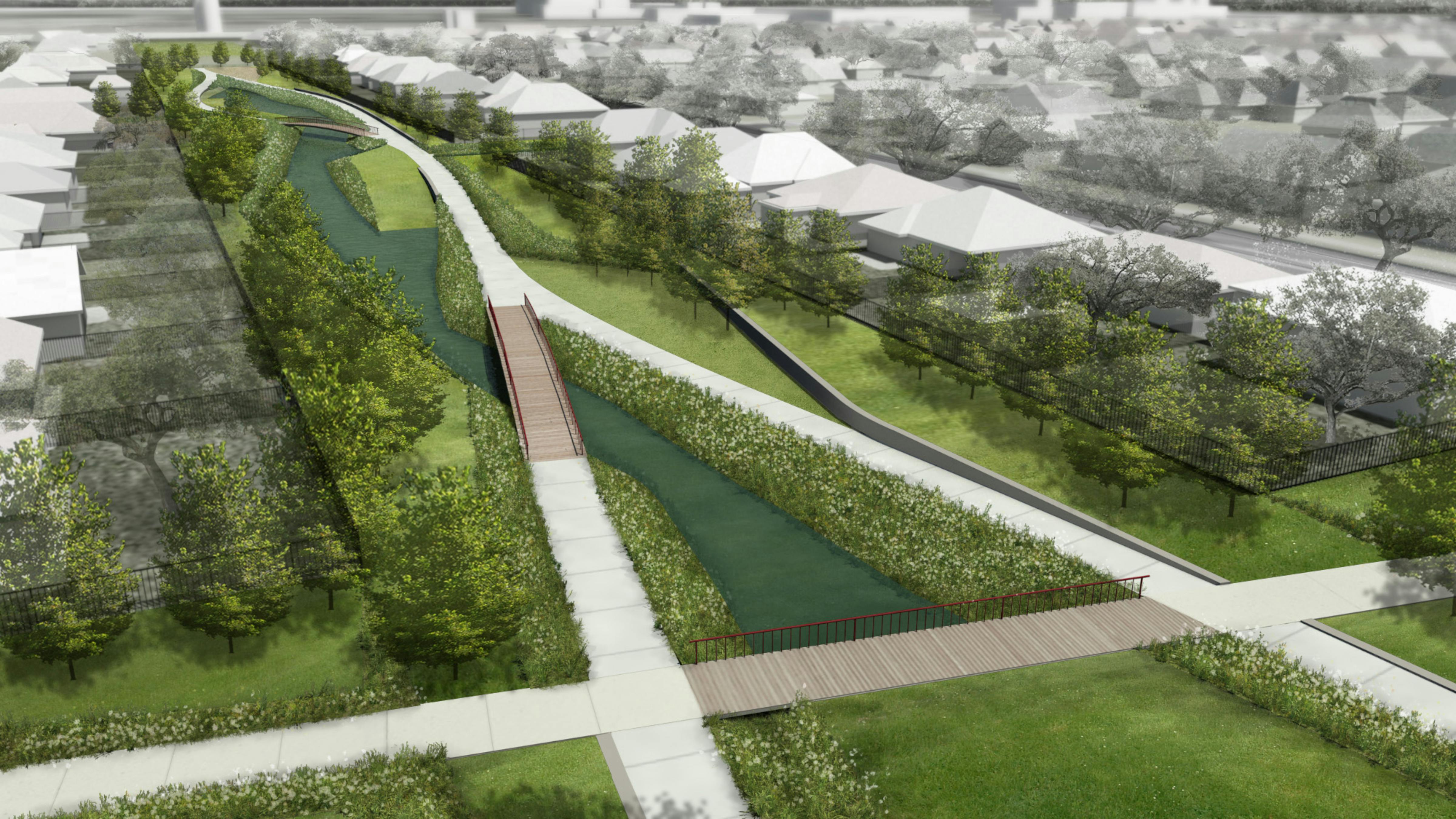 aerial drawing of park with canal and pathways