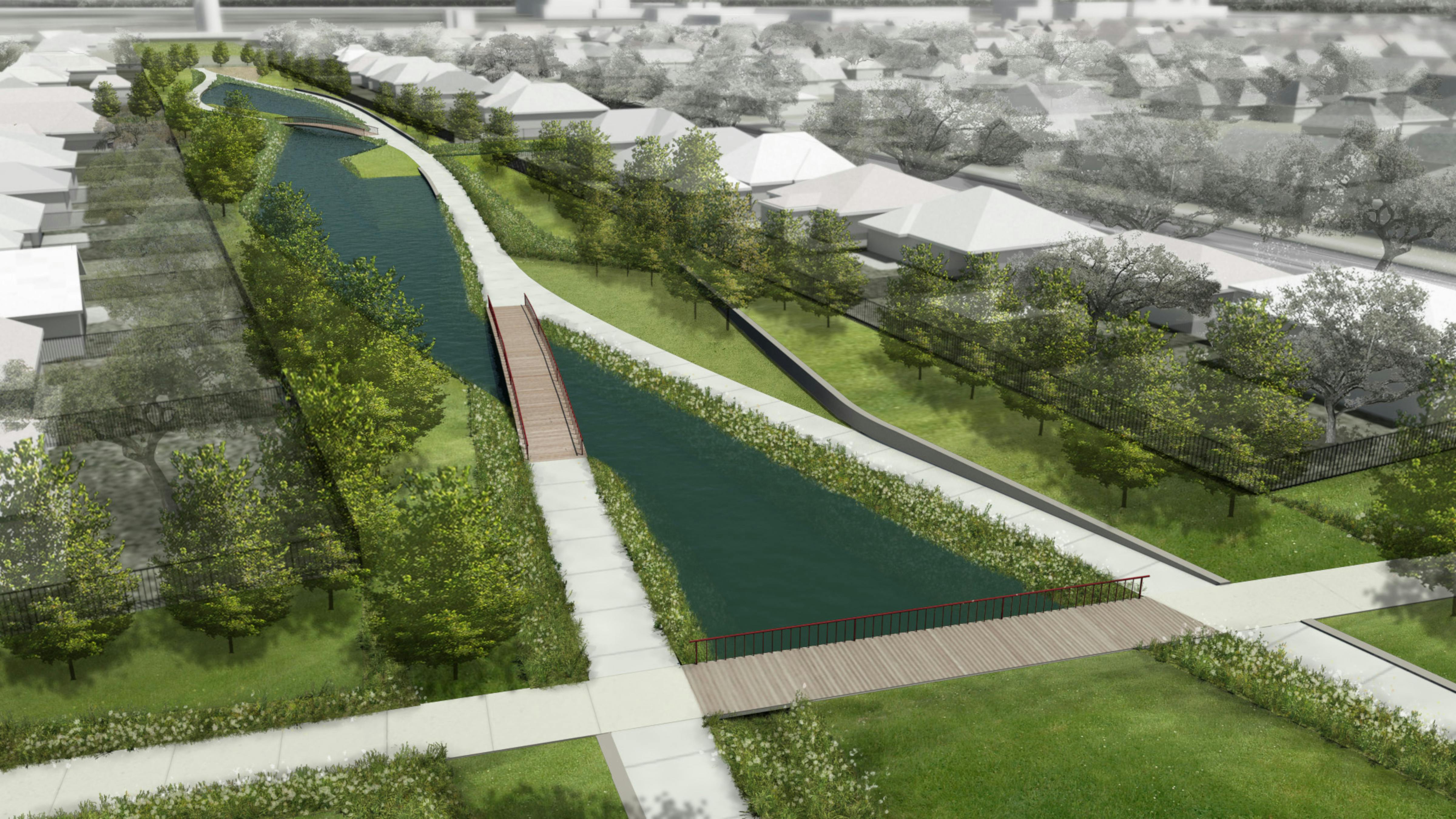 aerial drawing of park with canal and pathways