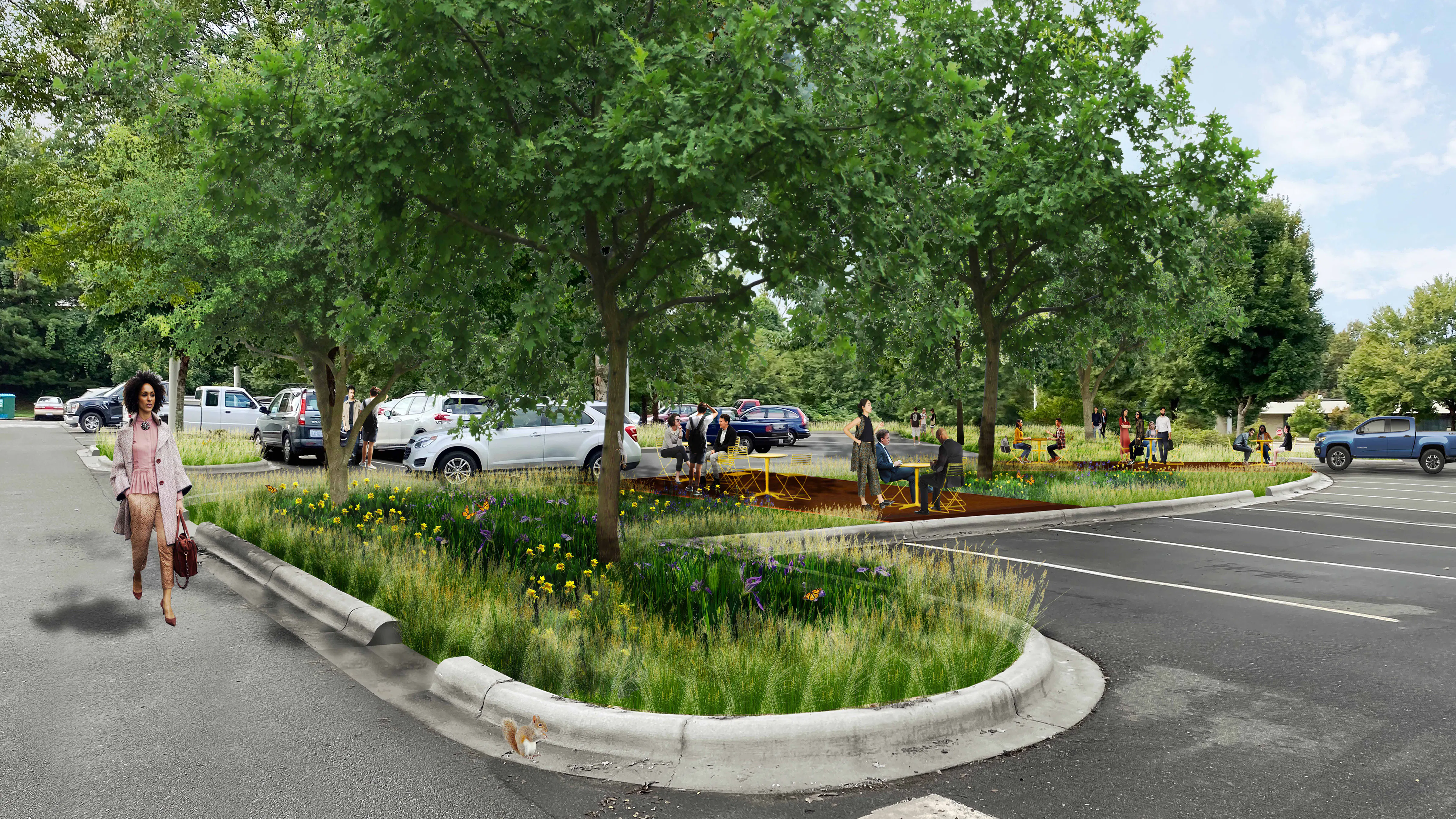 drawing of woman walking in parking lot with trees and flowers 