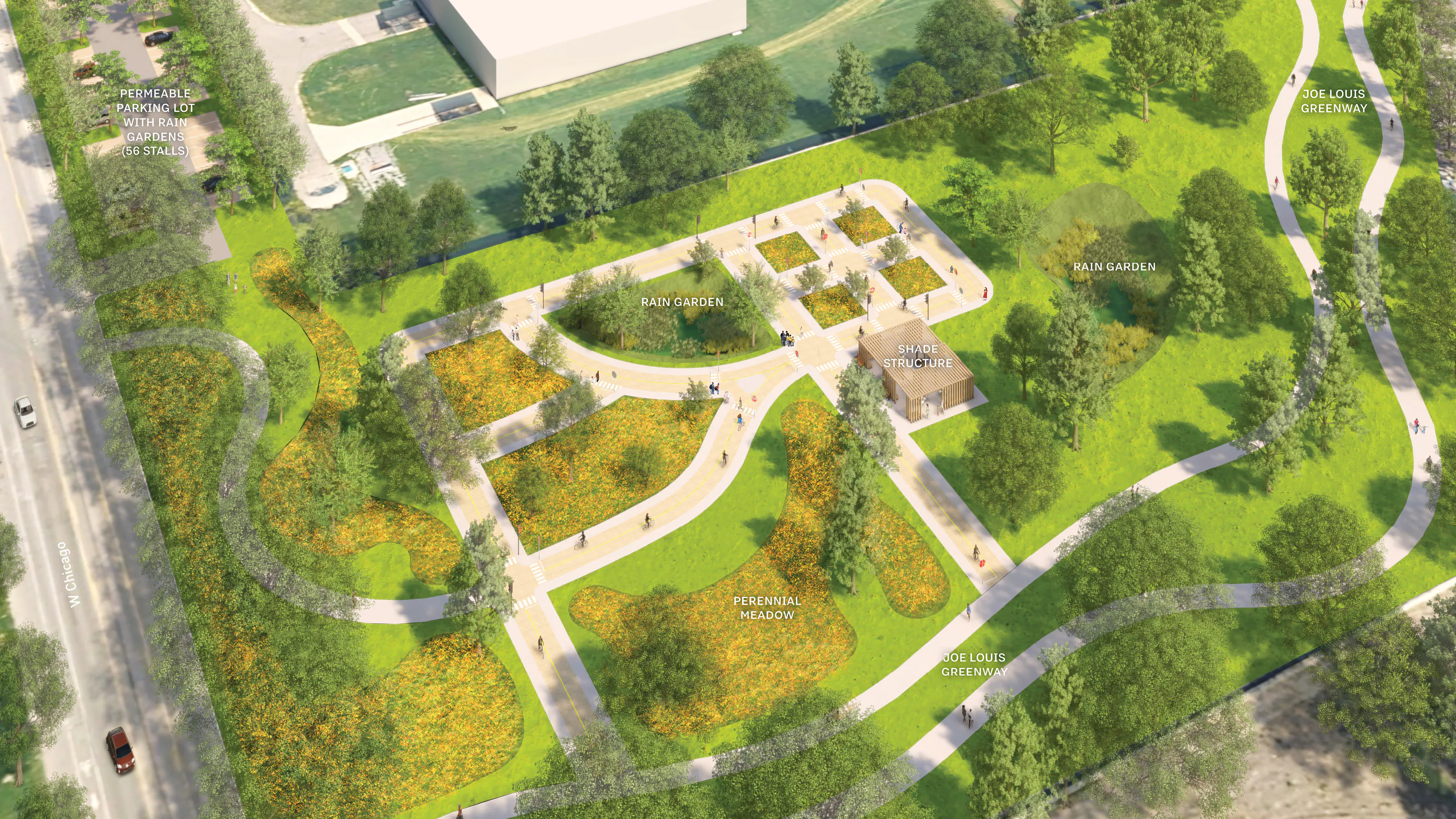 birds eye rendering of park with pathways and flower meadows