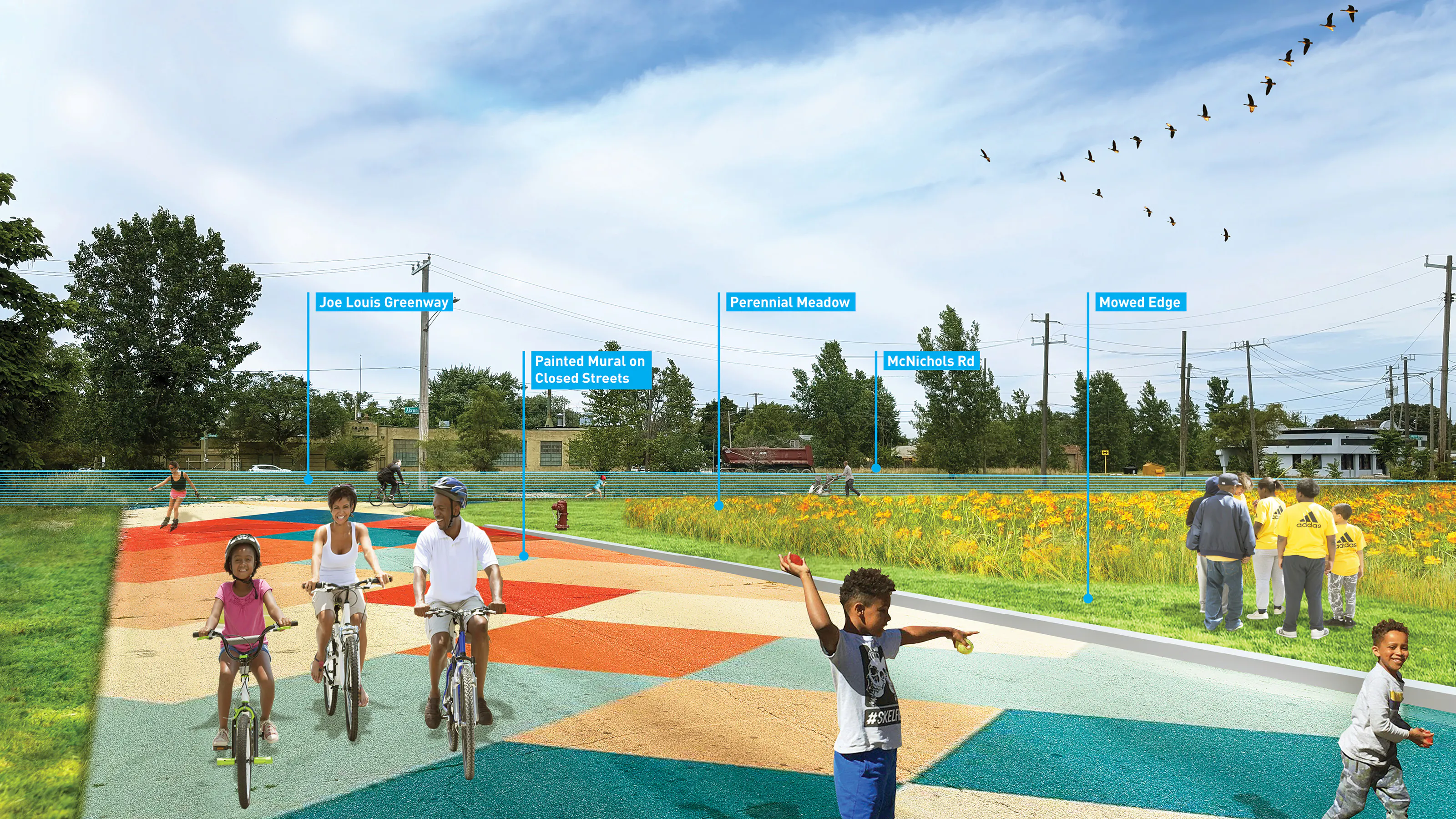 rendering of people walking and biking along colorful path with flower meadow