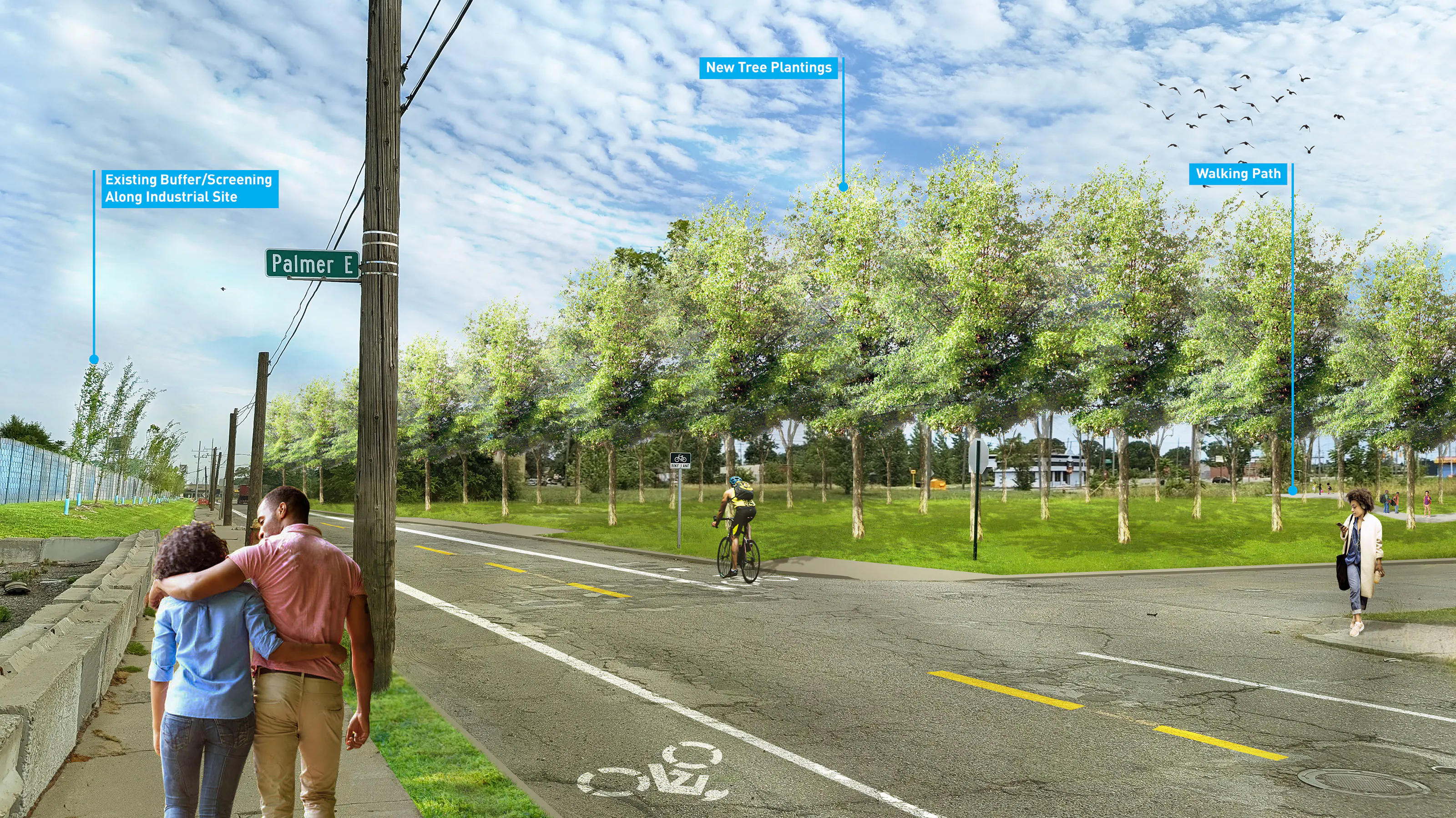 rendering of people walking on sidewalk along road with bike paths and trees