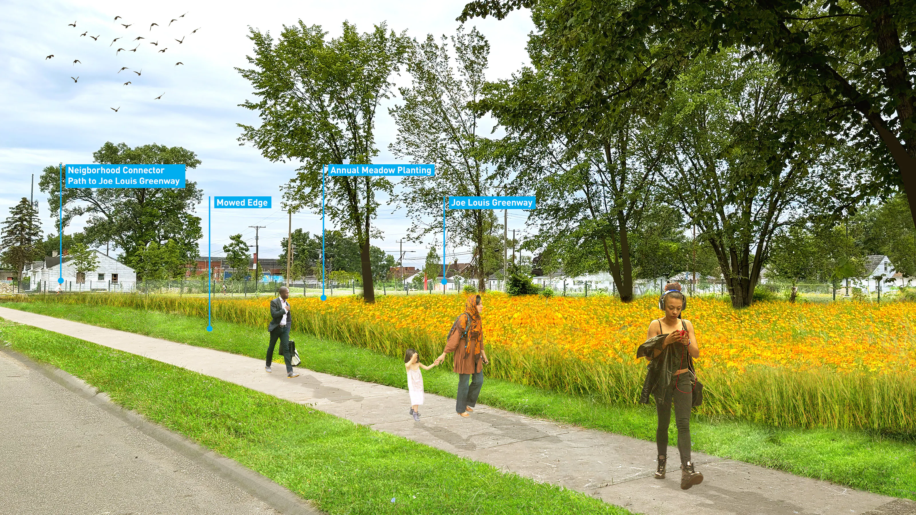 rendering of people walking on sidewalk alongside flower meadow