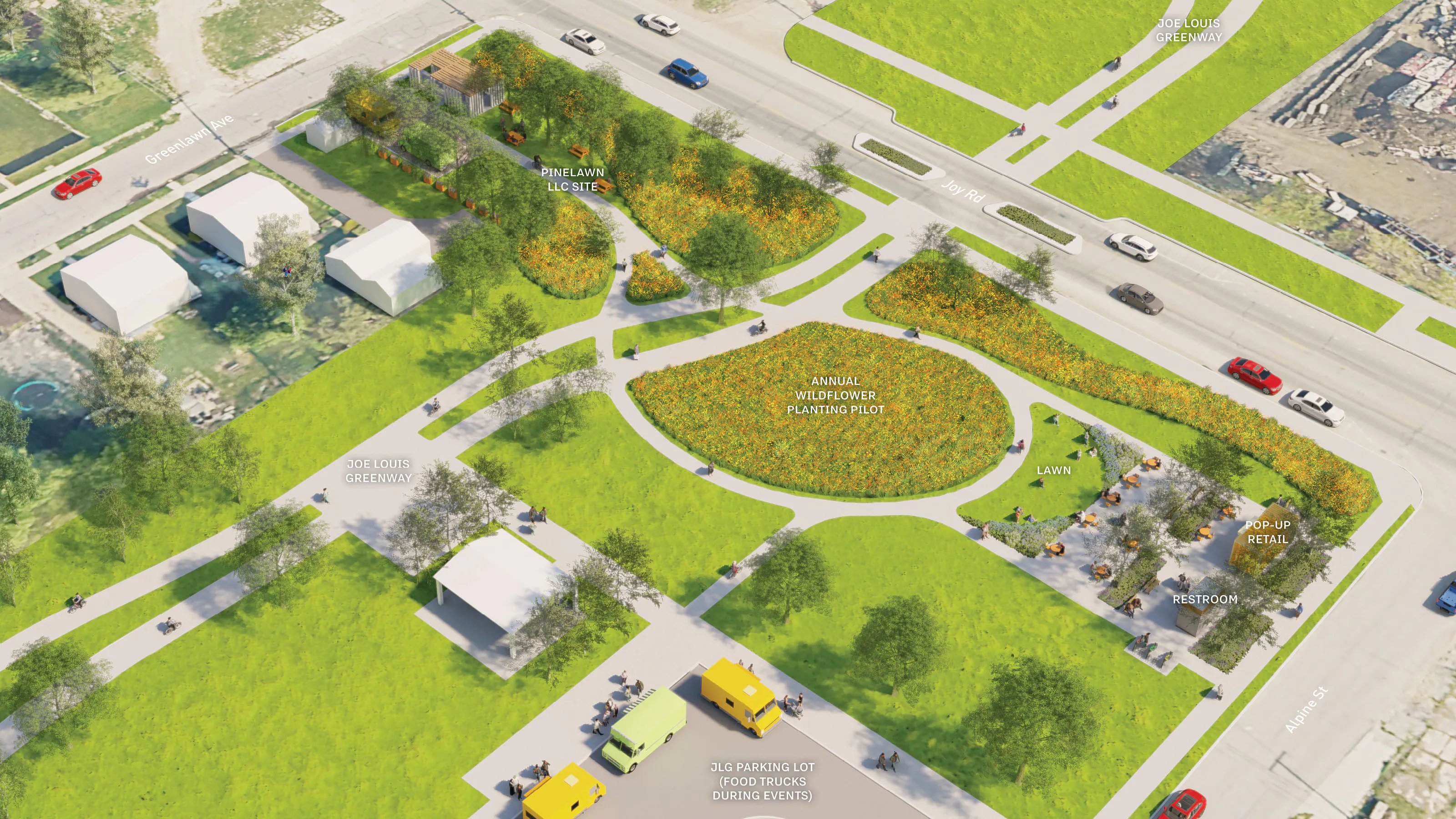 birds eye rendering of park with foodtrucks and pathways