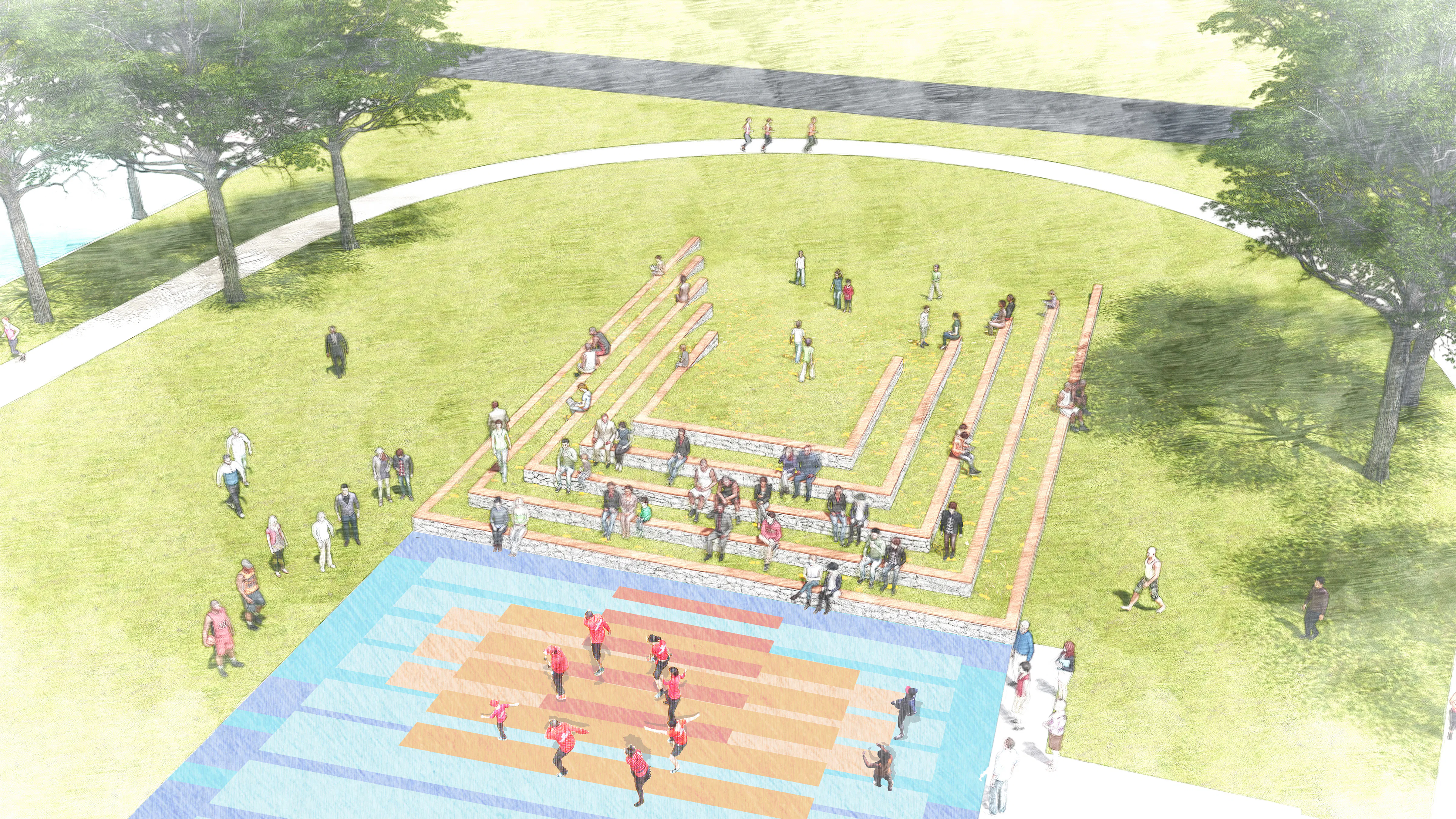 Aerial perspective rendering of the wooden tiered terraces full of people watching a dance team