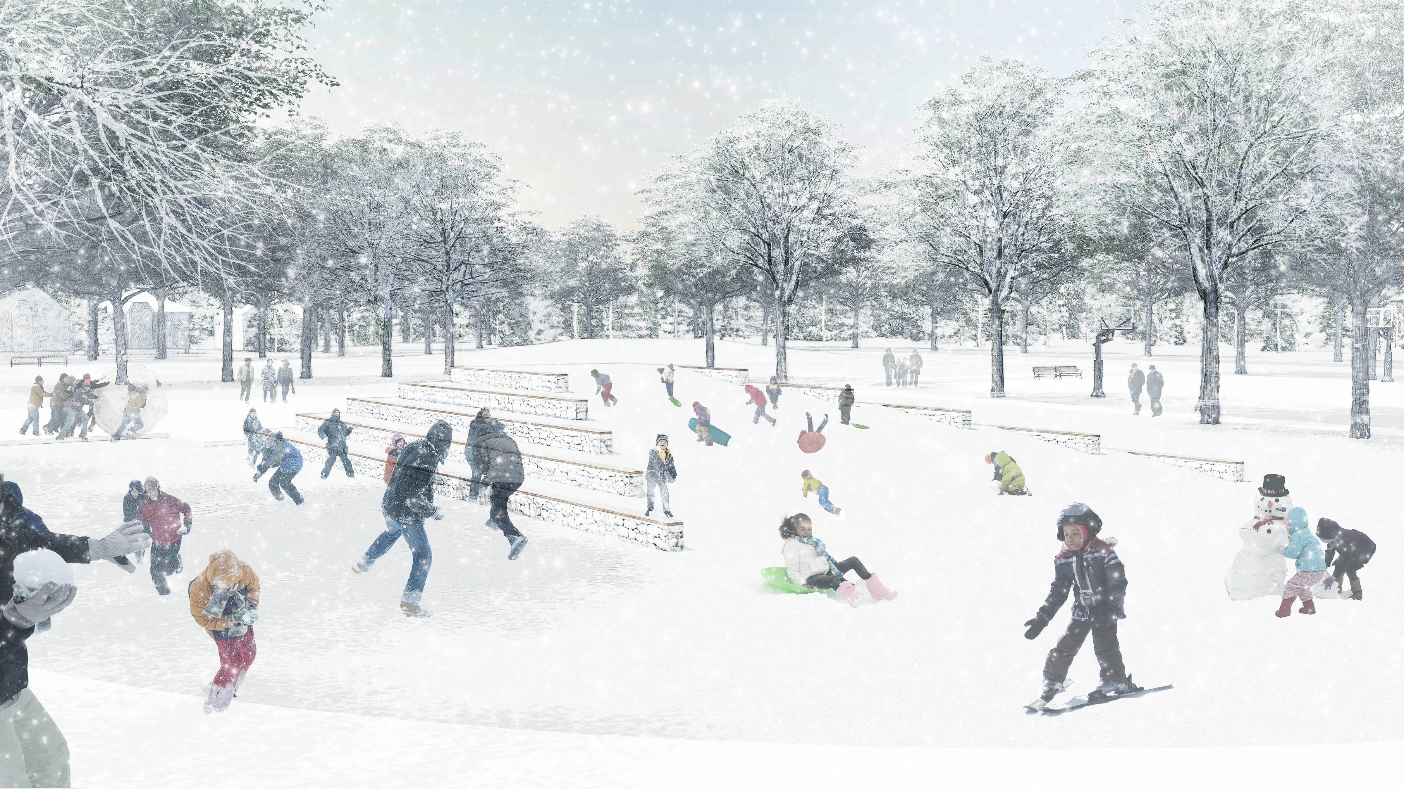 Snowy day perspective rendering of the wooden tiered terraces from an alternative angle showing the hill sloping into the steps