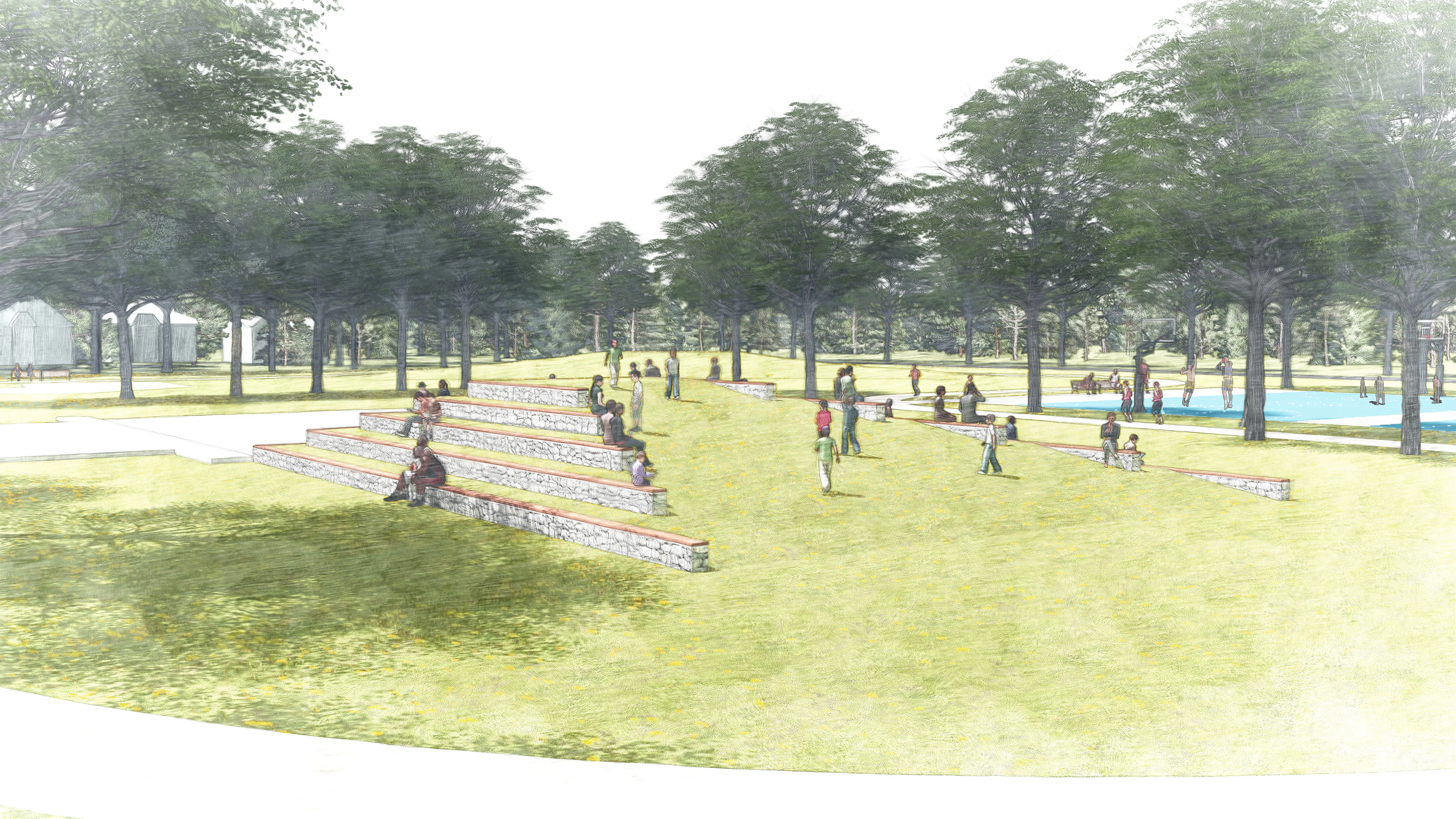 Sunny day perspective rendering of the wooden tiered terraces from an alternative angle showing the hill sloping into the steps