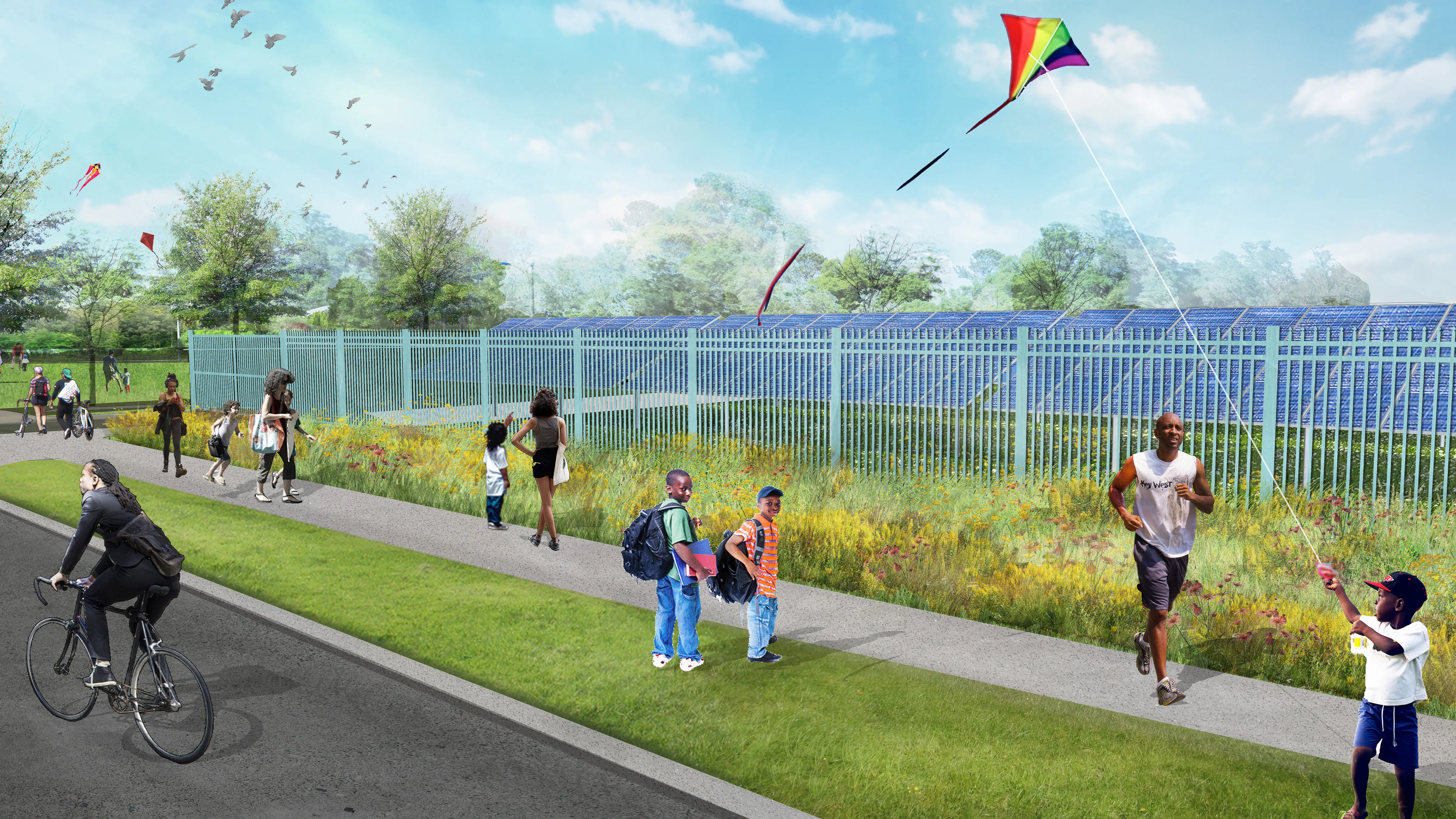 People playing and walking nearby the solar panels